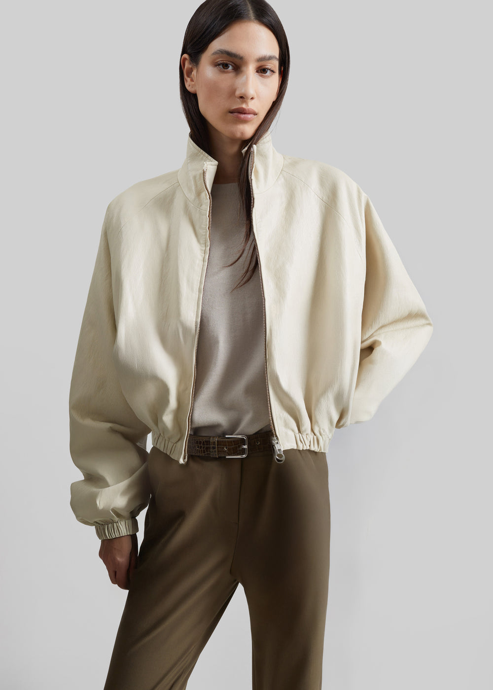 Cloud Faux Leather Bomber Jacket - Ecru - 1