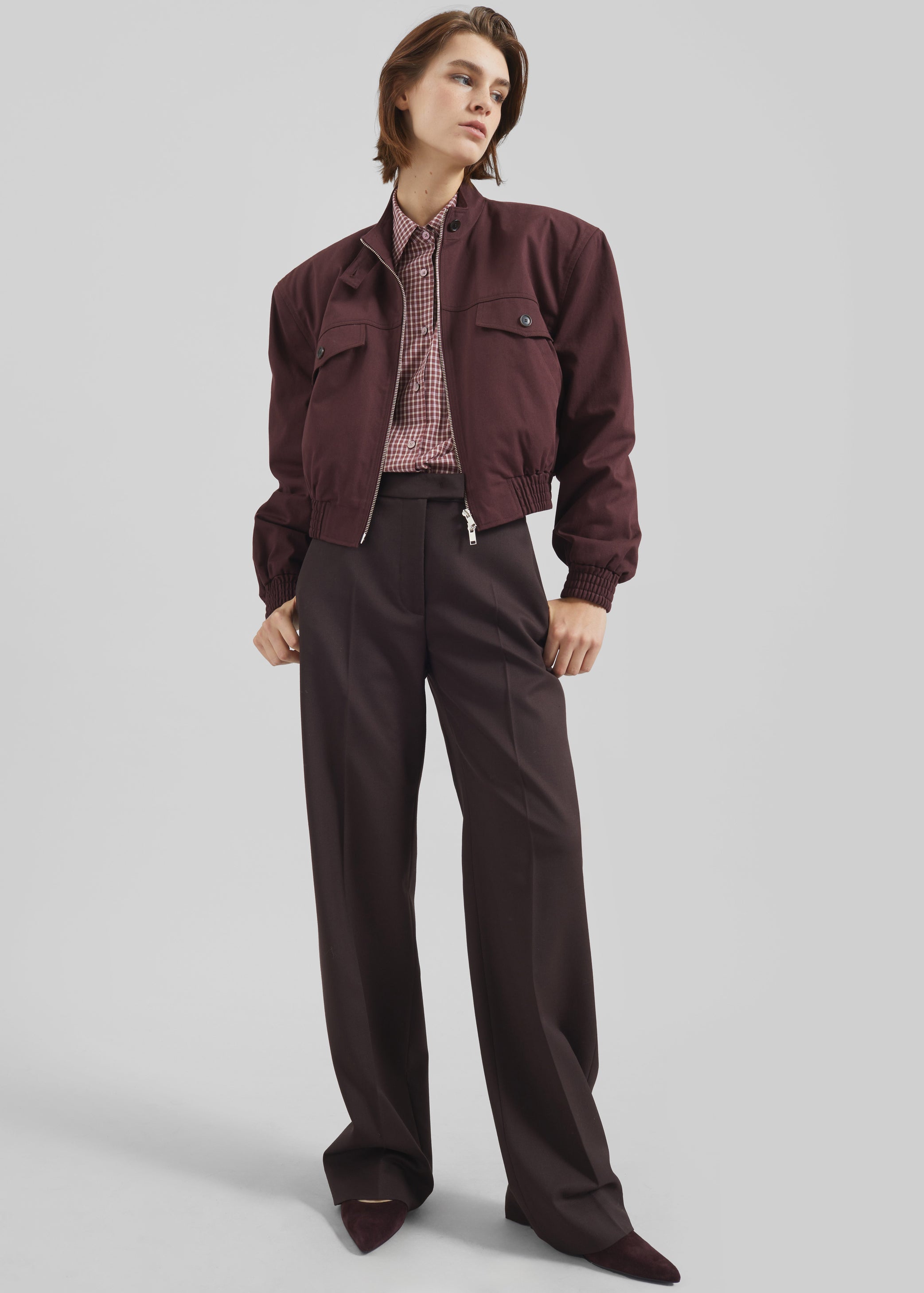 Shop the look image for Cobain Padded Cropped Bomber - Burgundy