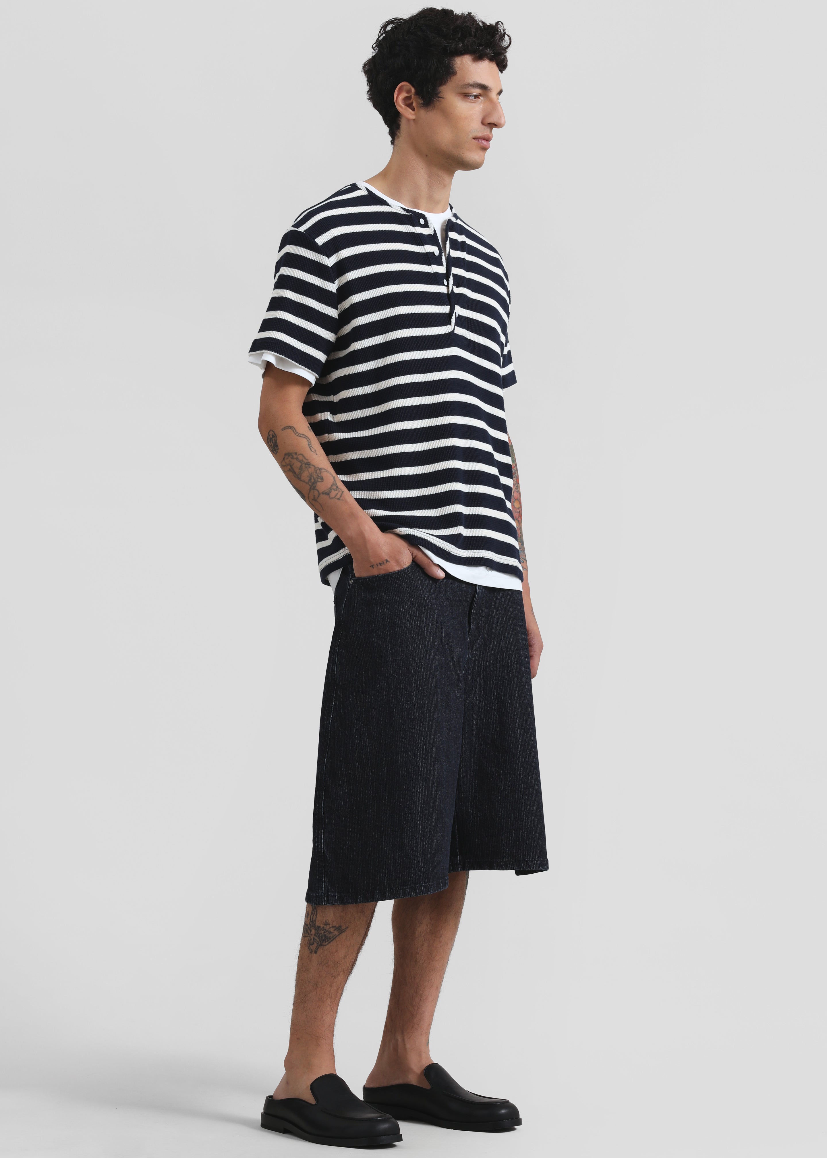 Colville Pinstripe Denim Bermuda Shorts - Dark Wash - 2