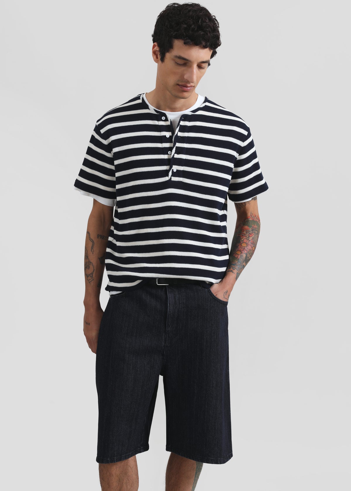 Colville Pinstripe Denim Bermuda Shorts - Dark Wash - 3