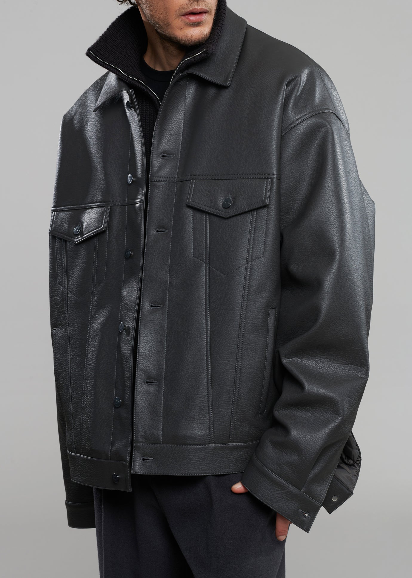 Conan Faux Leather Jacket - Dark Grey - 1