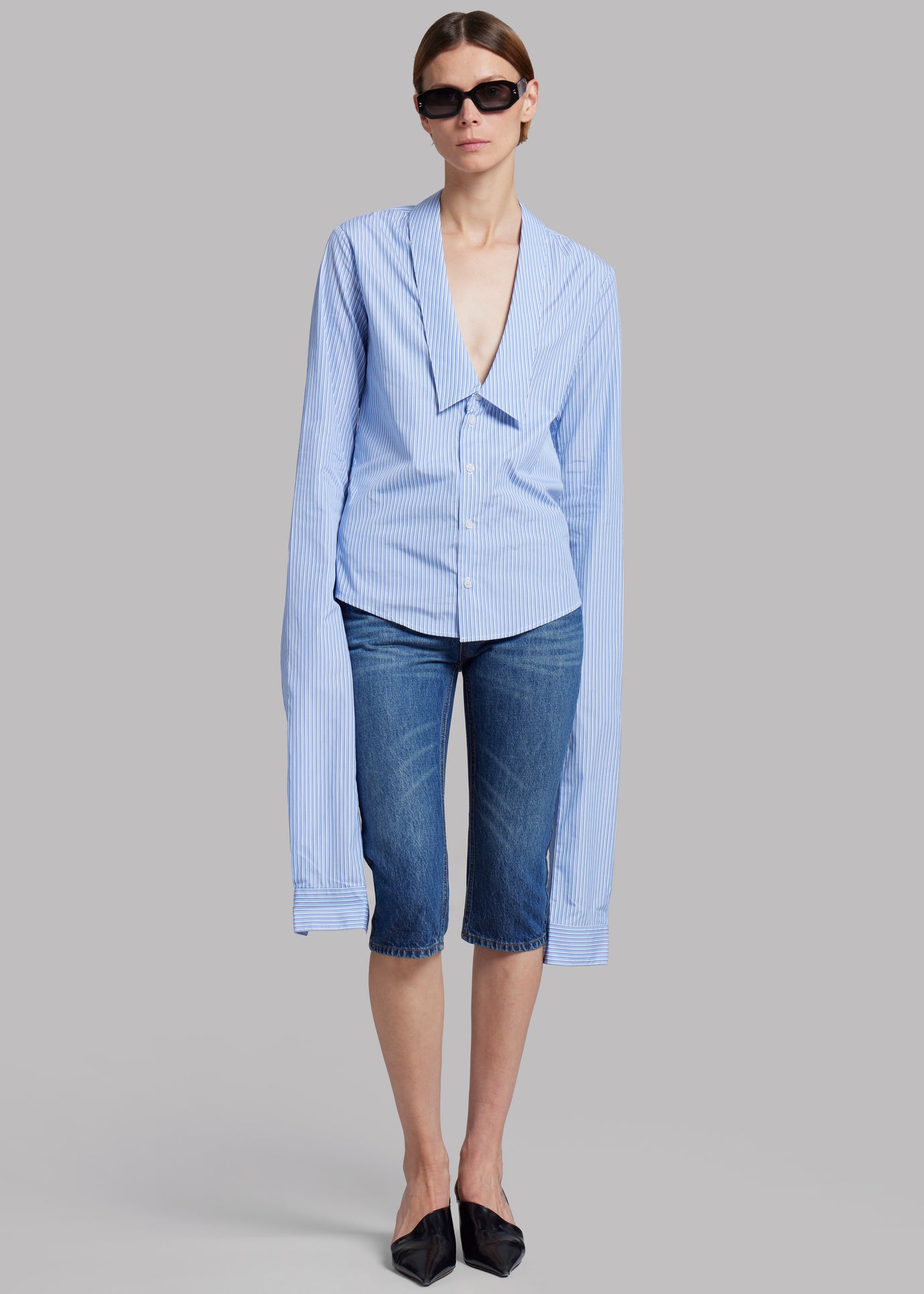 Coperni Stripped Open Collar Shirt - Blue - 1