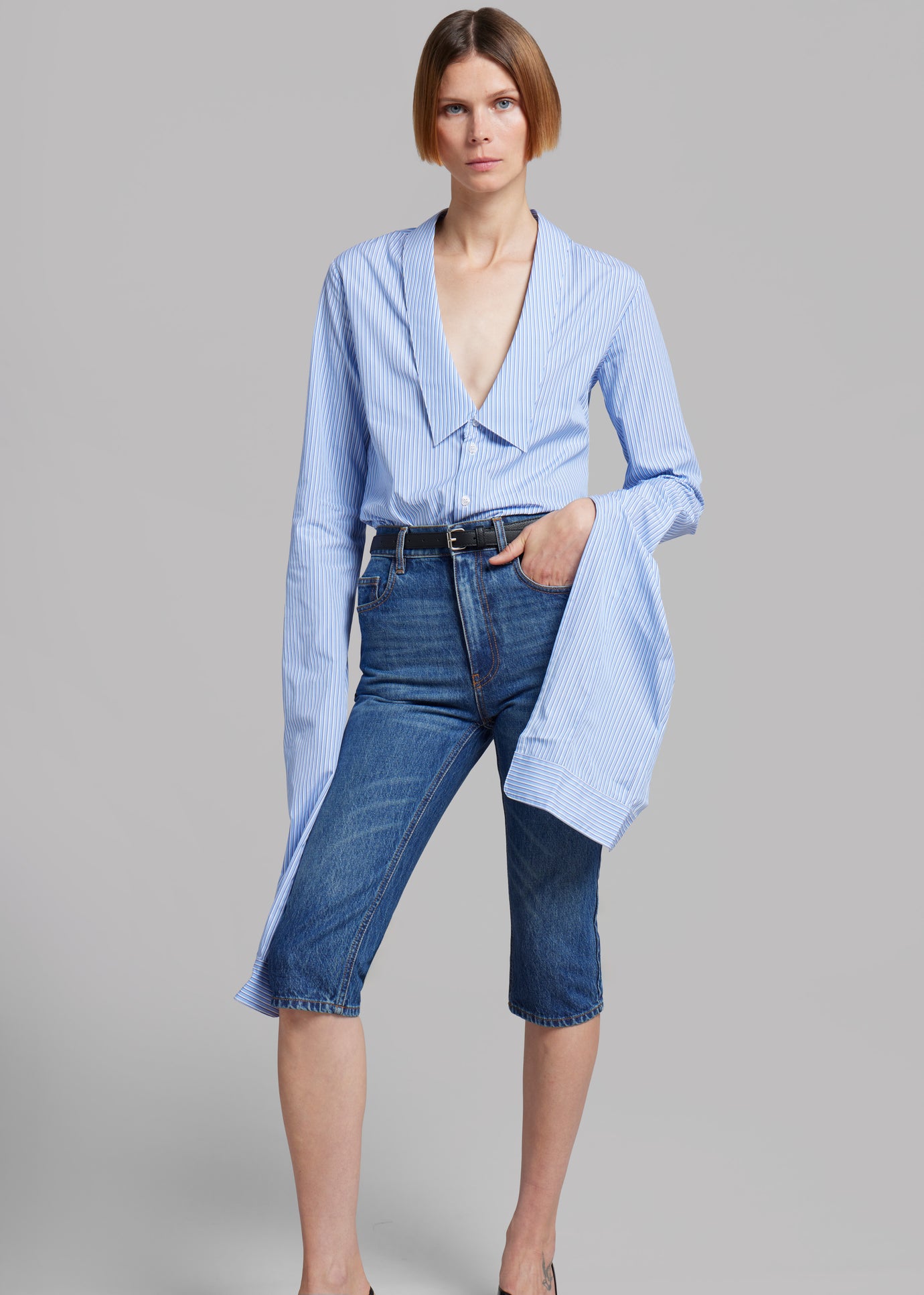 Coperni Stripped Open Collar Shirt - Blue