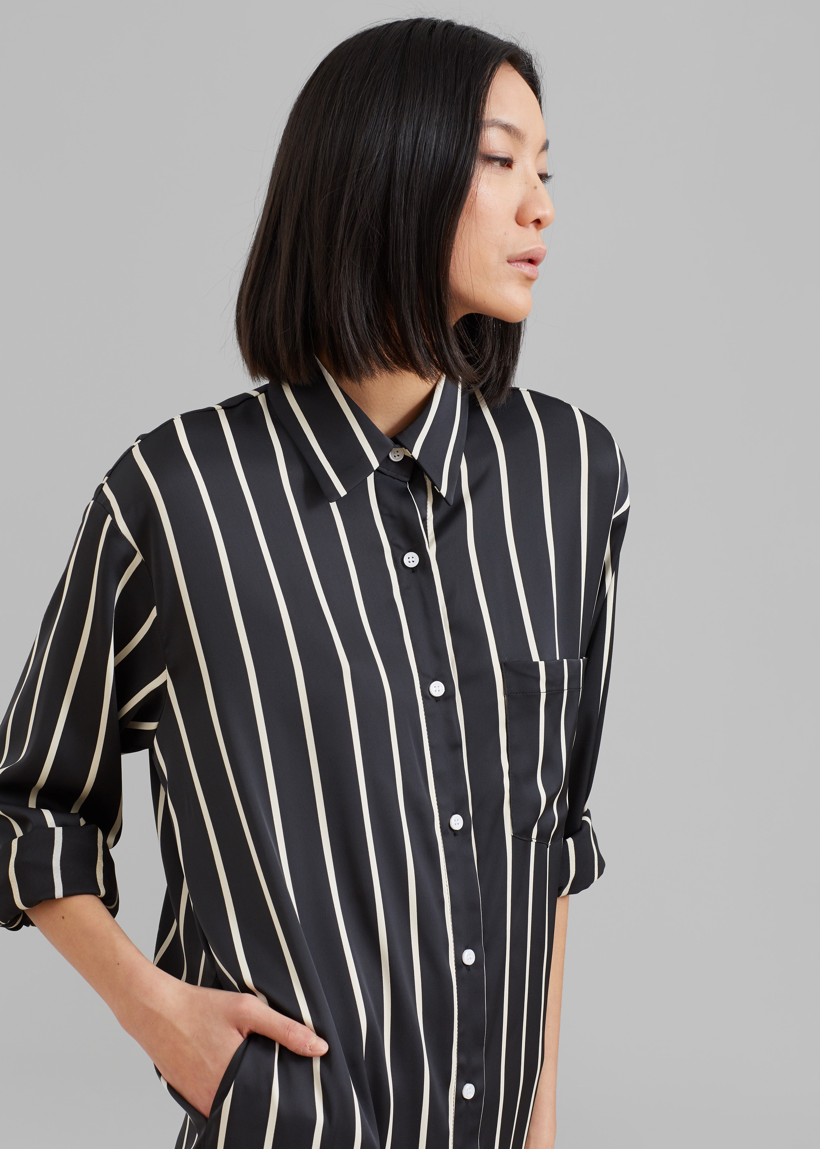 Cala Satin Shirt Dress - Beige Stripe - 5