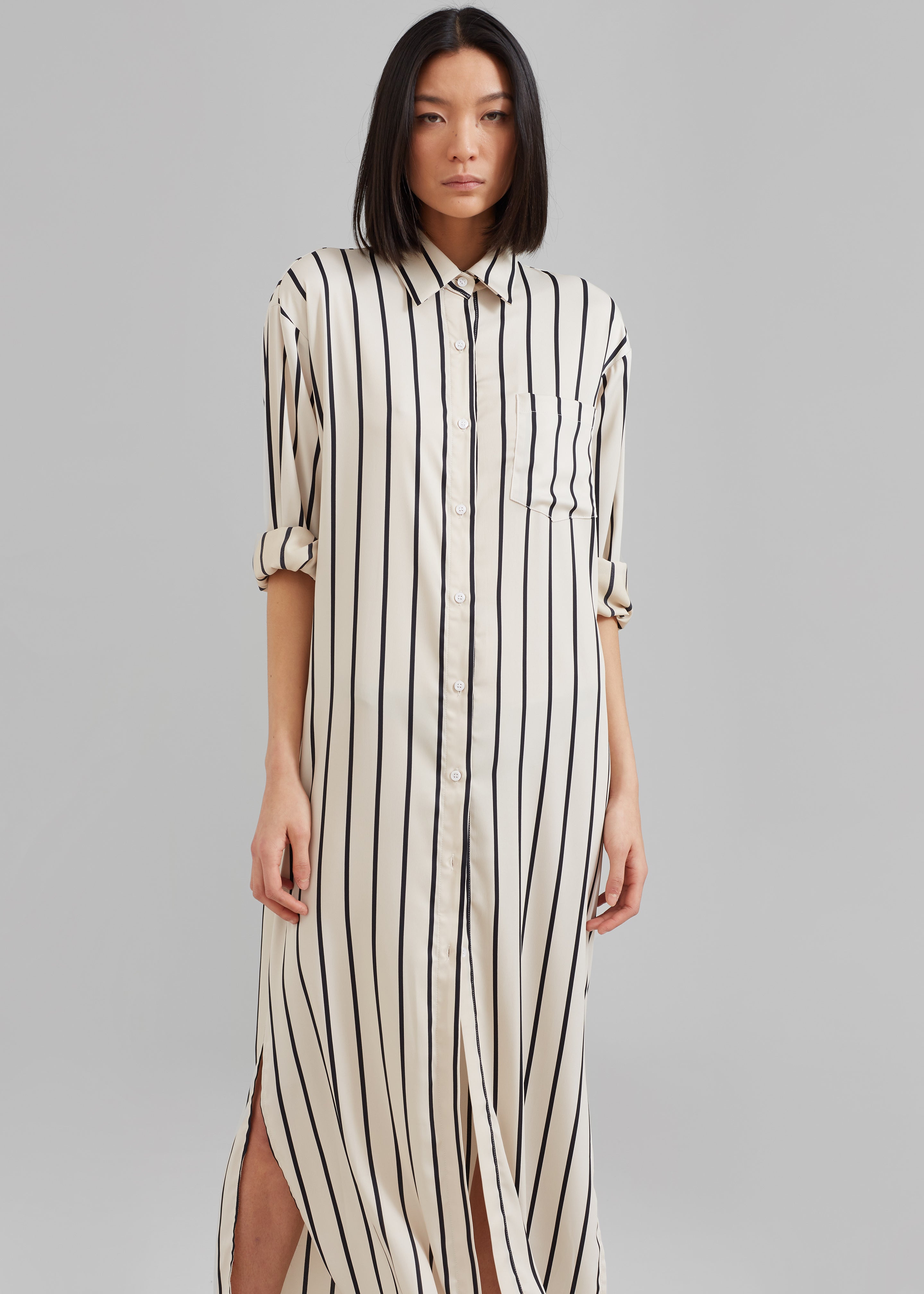 Cala Satin Shirt Dress - Black Stripe - 4