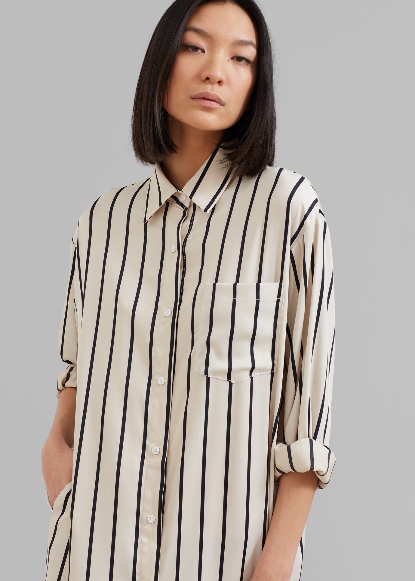 Cala Satin Shirt Dress - Black Stripe - 1