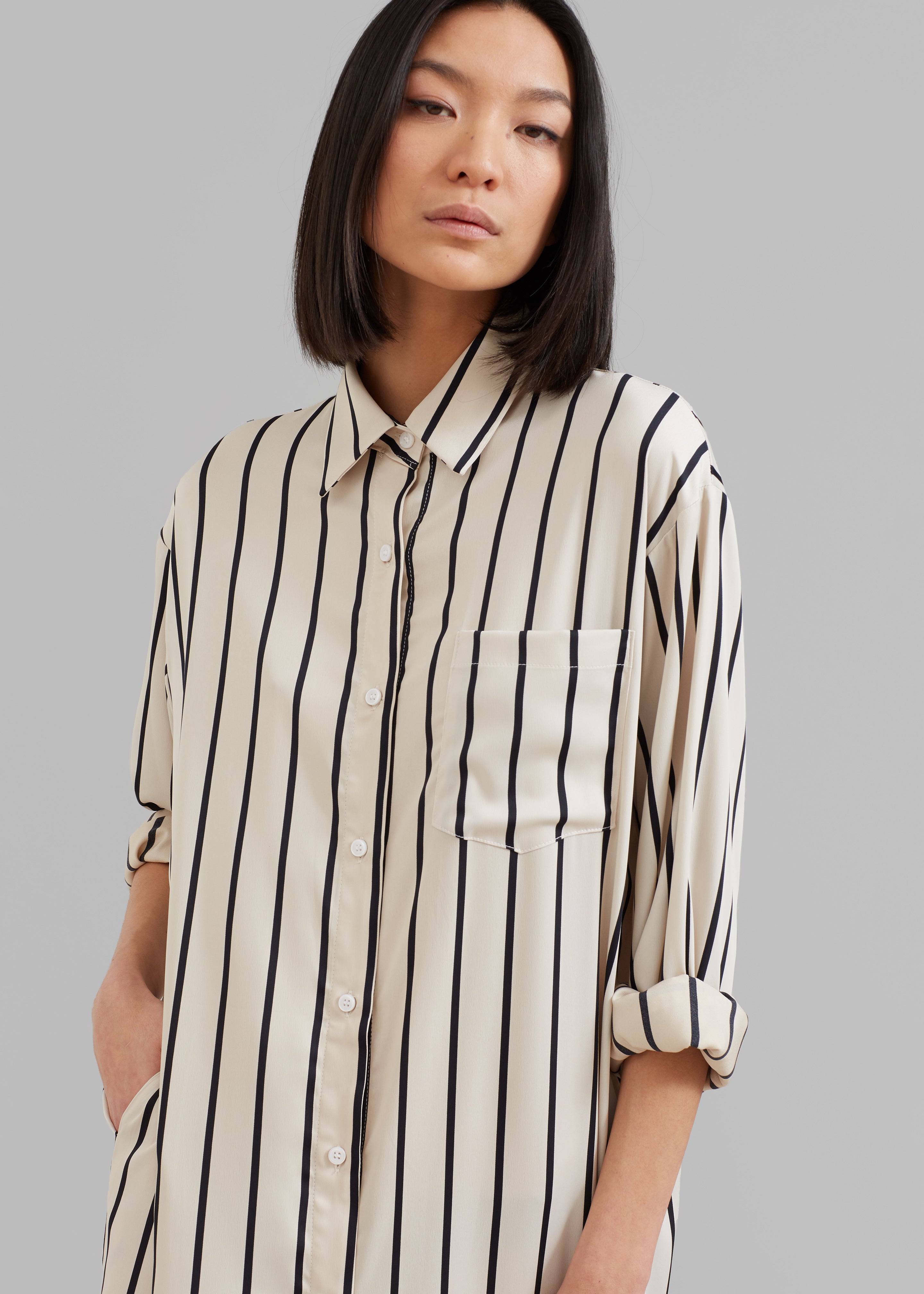 Cala Satin Shirt Dress - Black Stripe - 2
