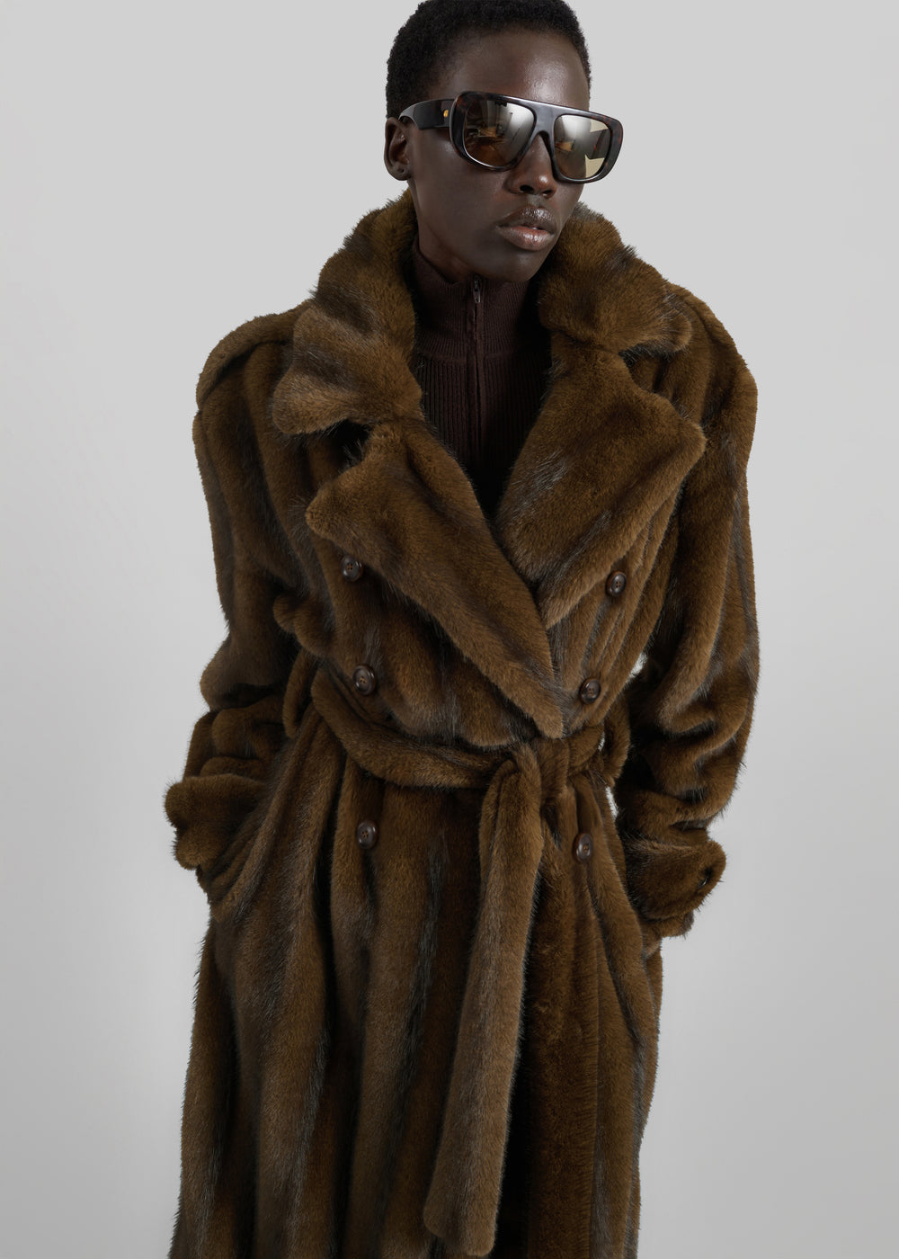 Daph Faux Fur Padded Trench Coat - Brown - 1