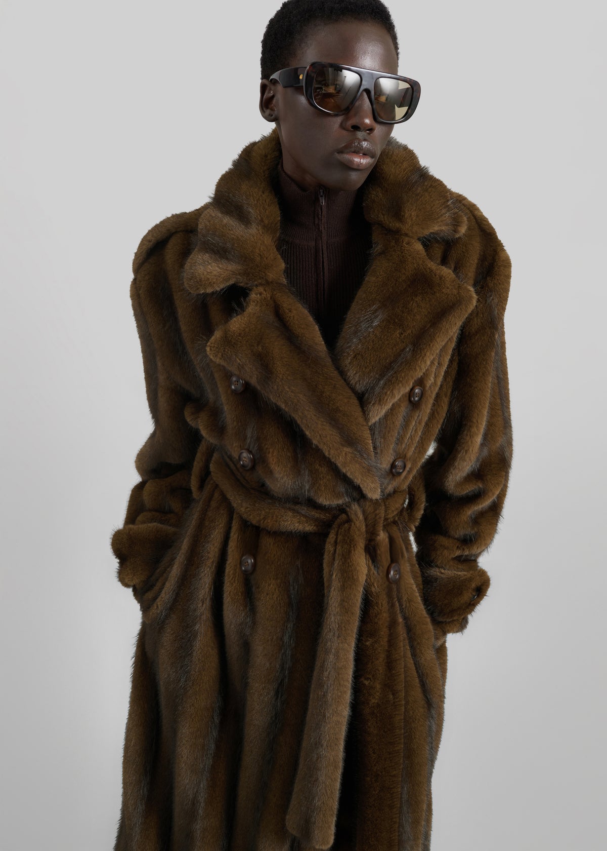 Daph Faux Fur Padded Trench Coat - Brown