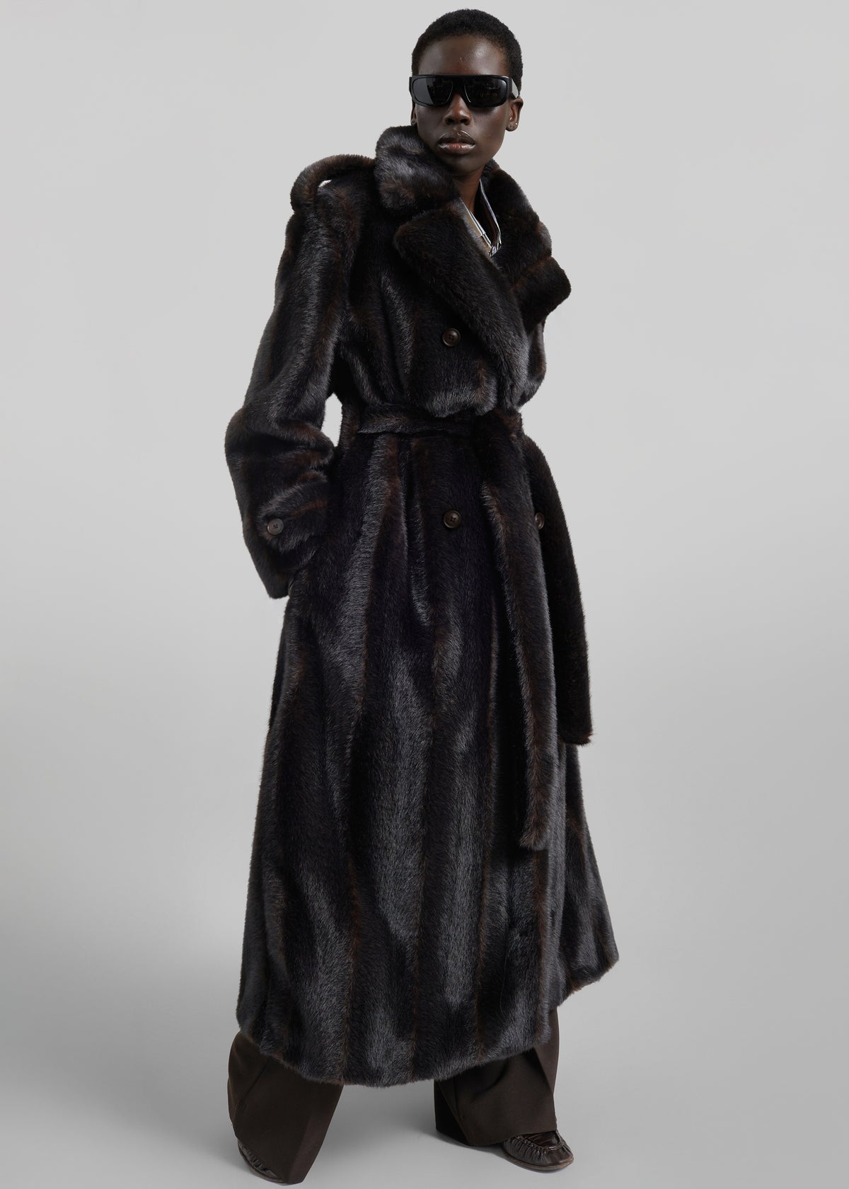 Daph Faux Fur Padded Trench Coat - Dark Brown