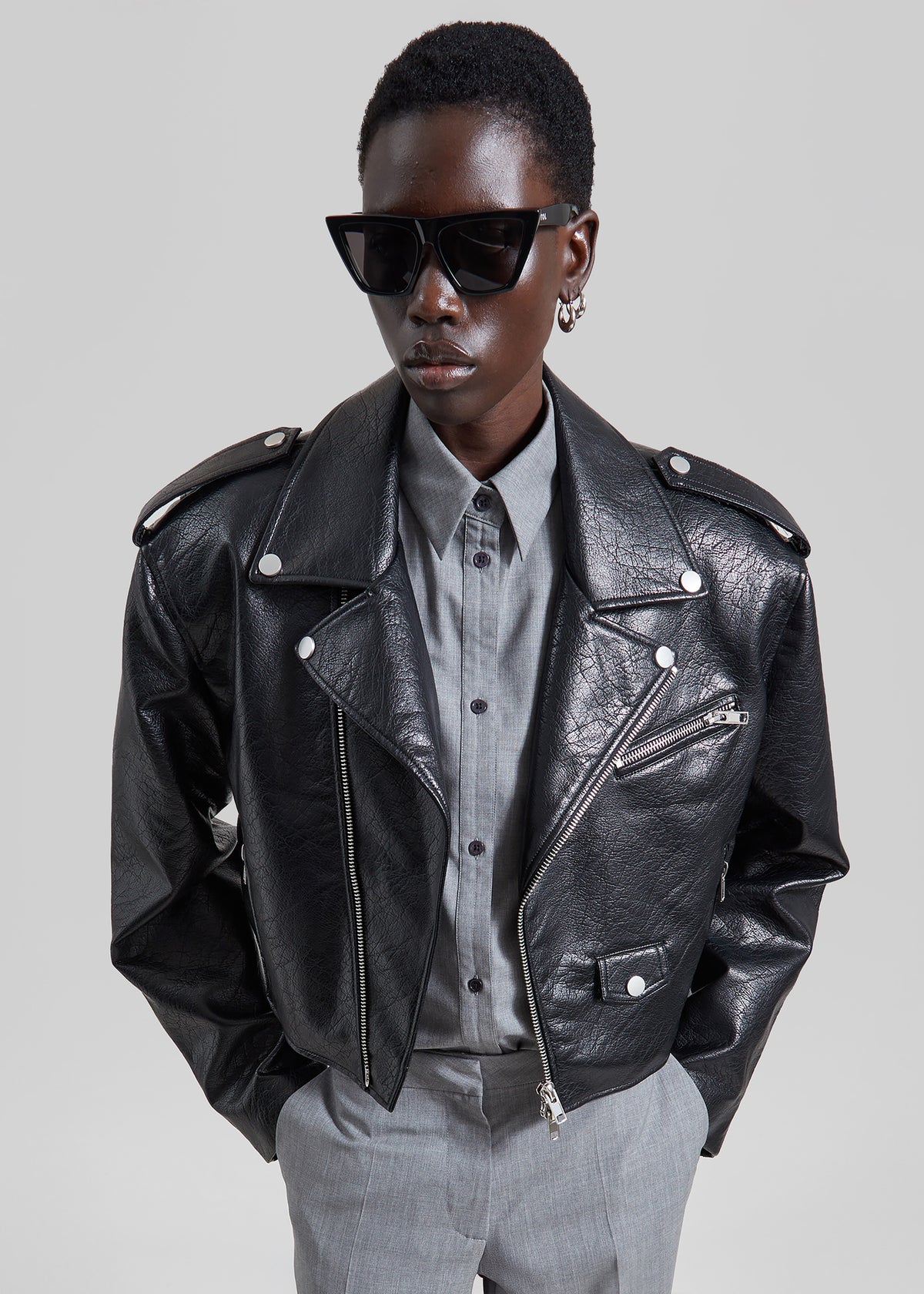 Daphne Cropped Biker Jacket - Black - 5