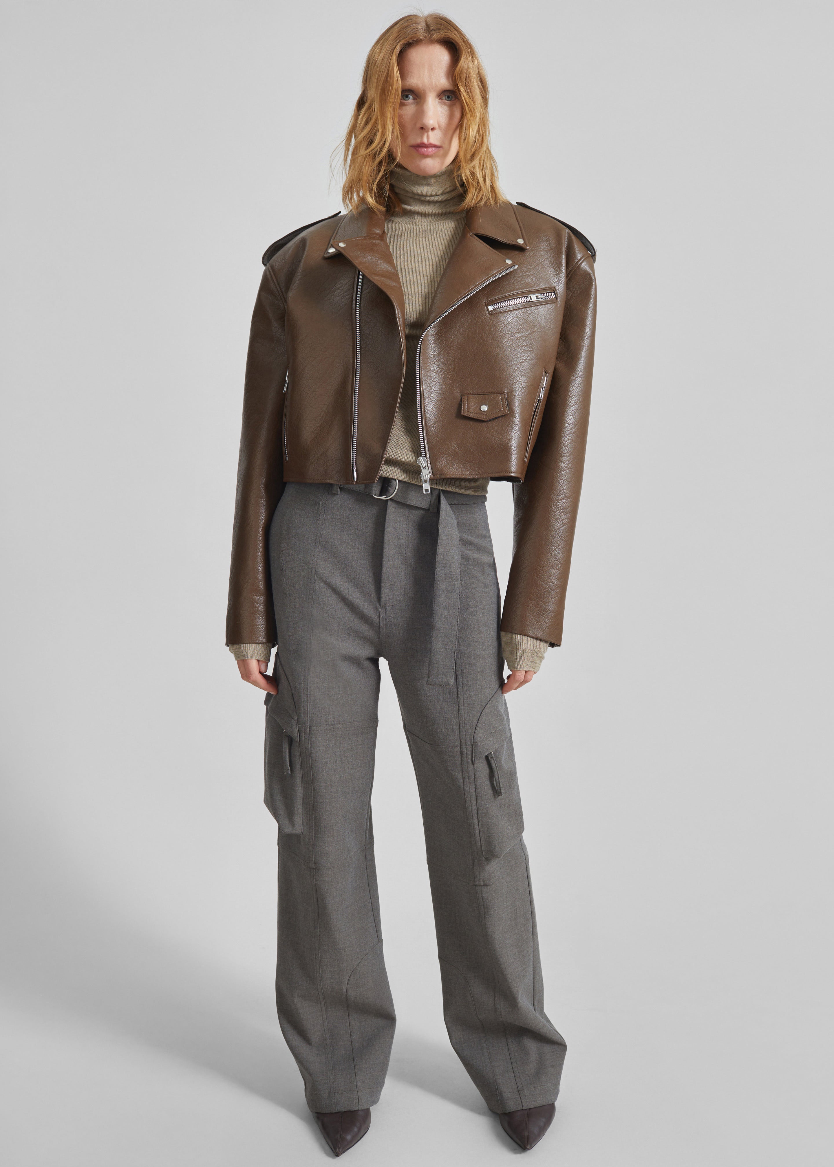 Daphne Cropped Biker Jacket - Brown - 2