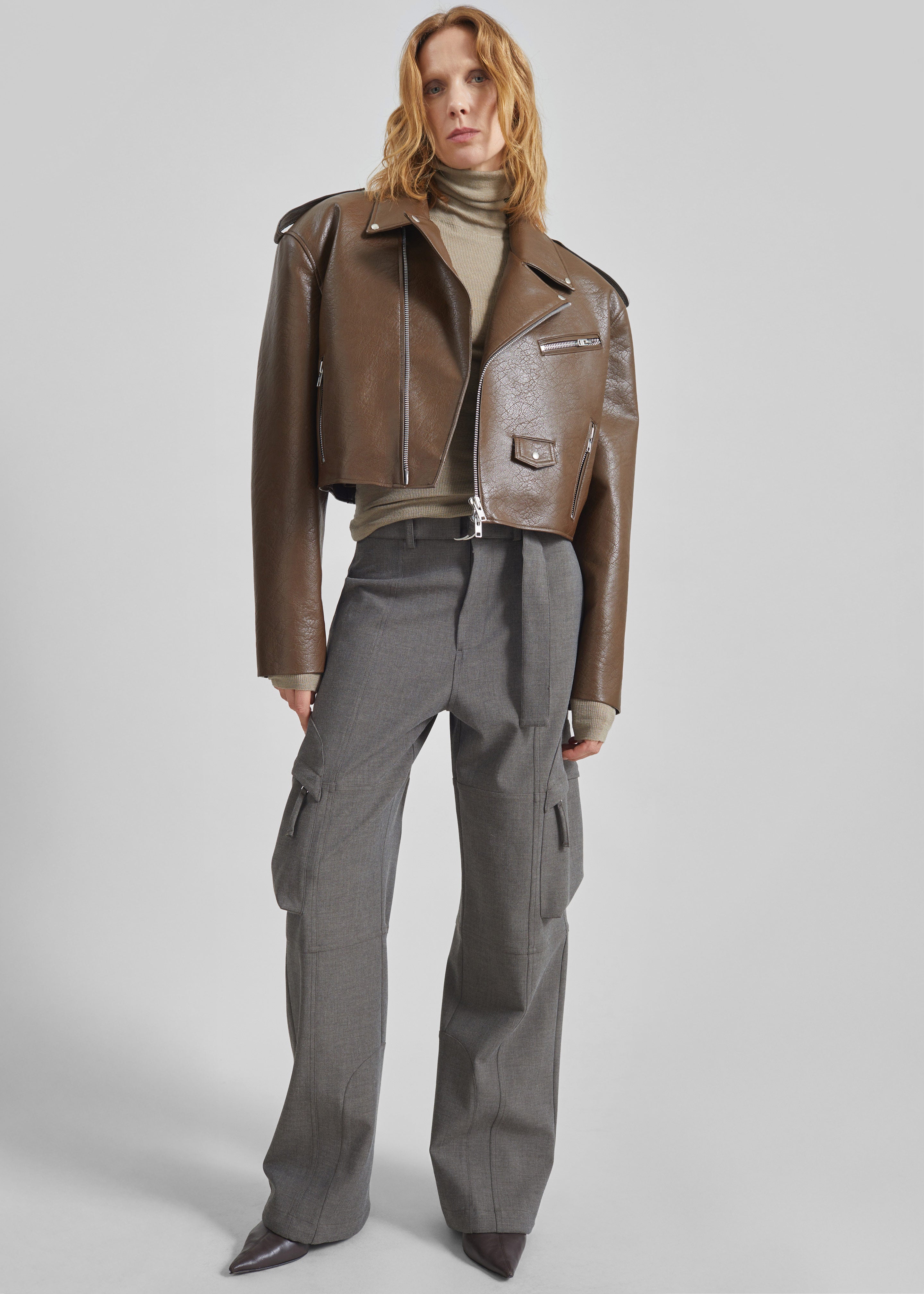 Daphne Cropped Biker Jacket - Brown - 4