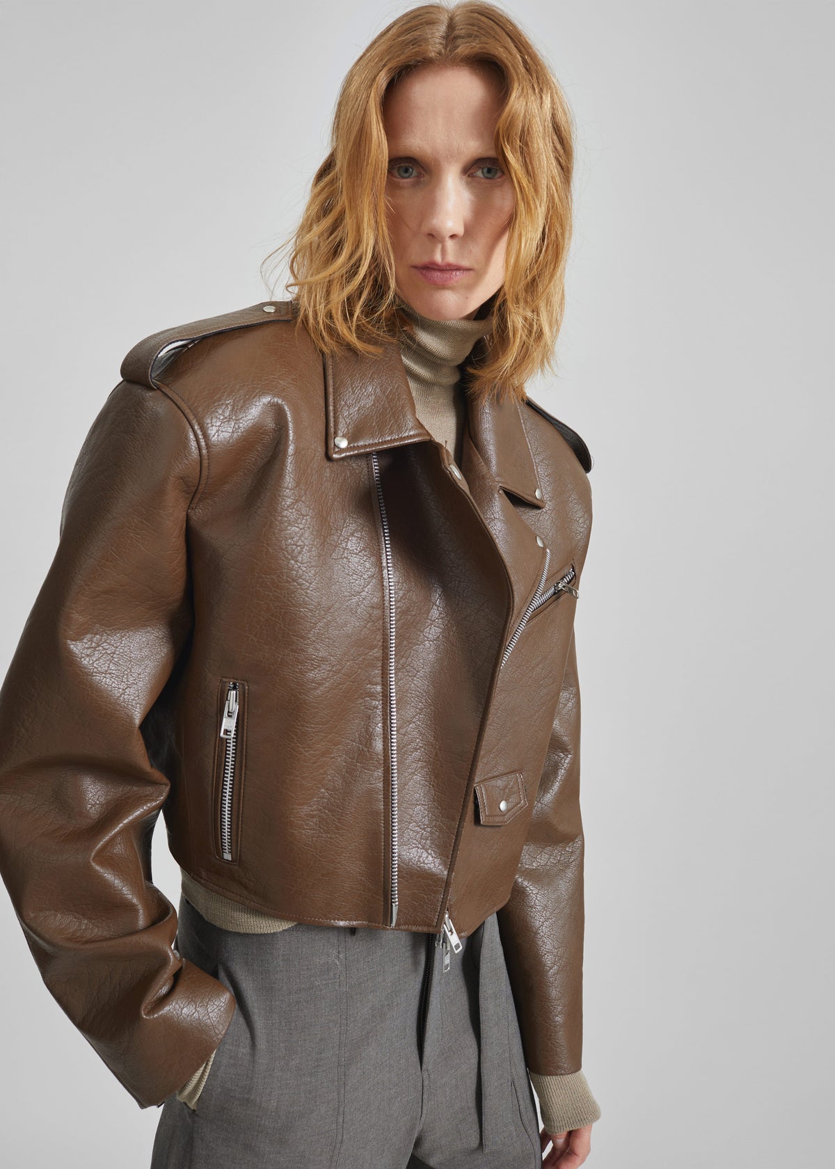Daphne Cropped Biker Jacket - Brown - 5
