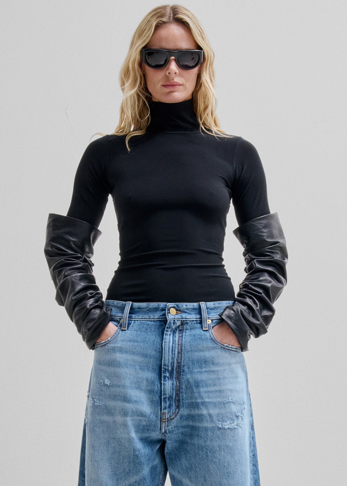 Darkpark Camie Slim Detachable Leather Sleeves Top - Black