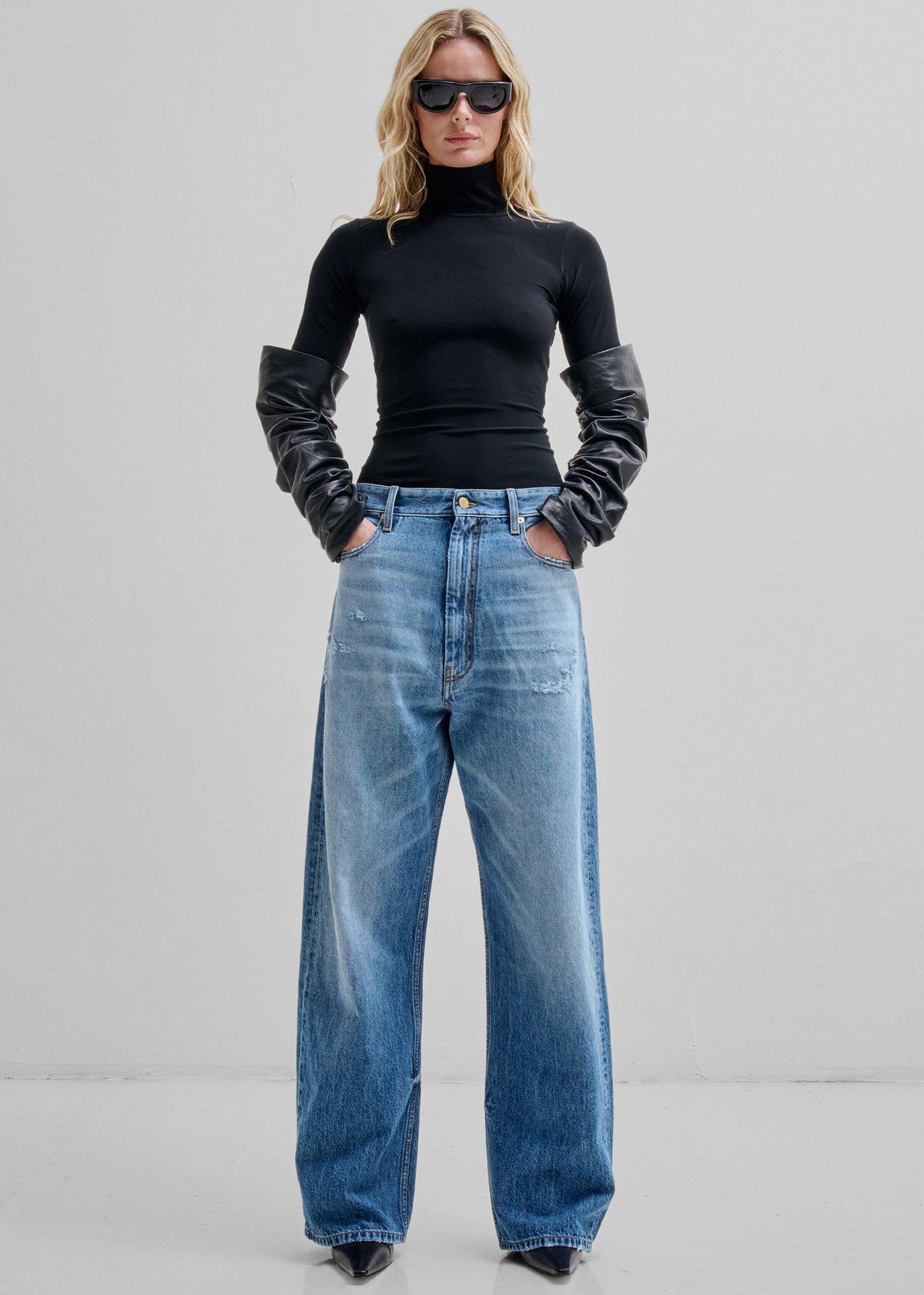 Darkpark Camie Slim Detachable Leather Sleeves Top - Black
