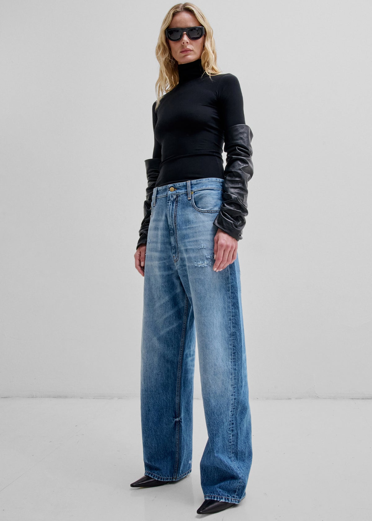 Darkpark Camie Slim Detachable Leather Sleeves Top - Black