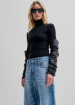 Darkpark Camie Slim Detachable Leather Sleeves Top - Black