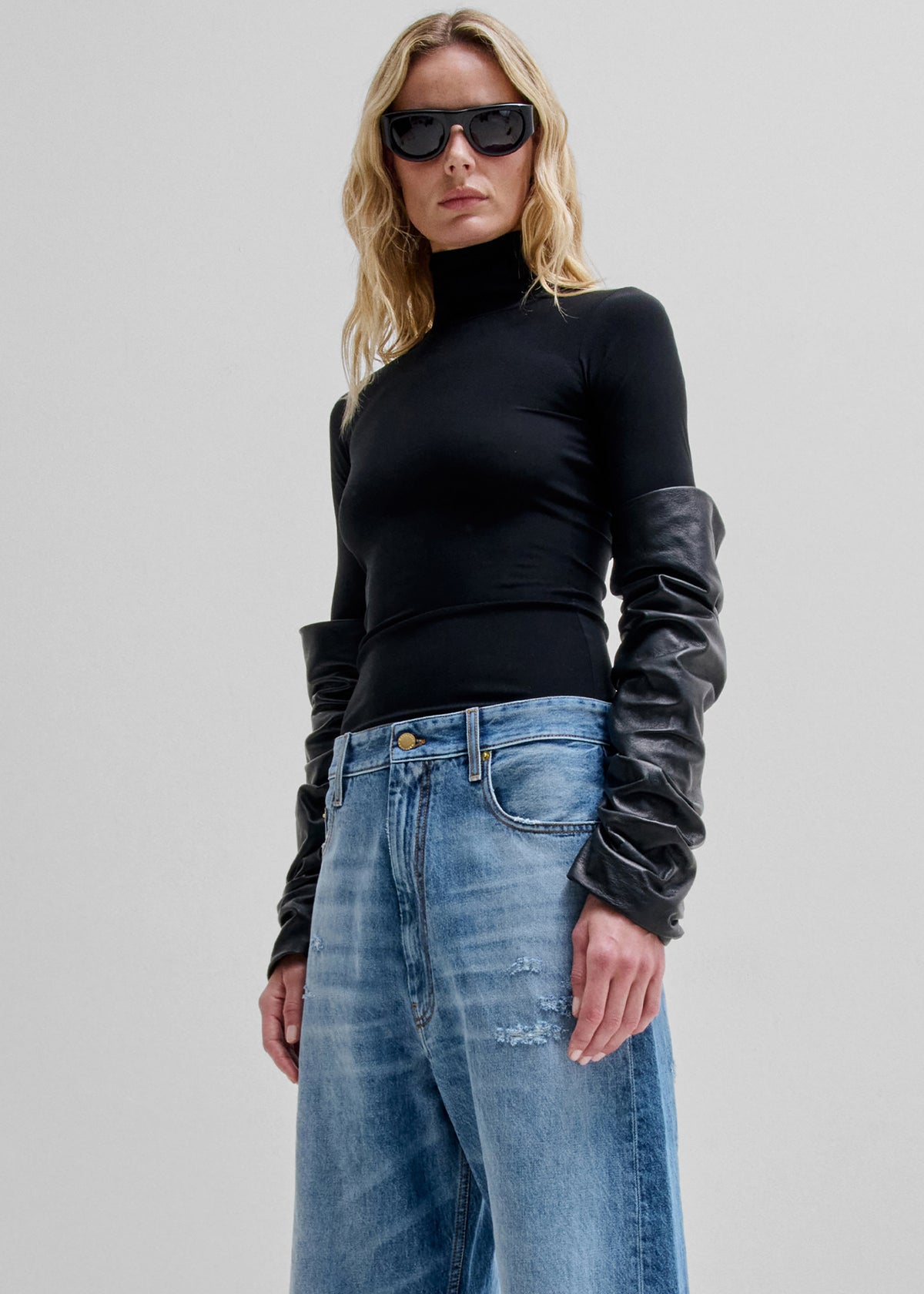 Darkpark Camie Slim Detachable Leather Sleeves Top - Black