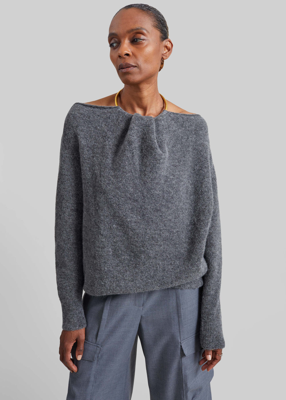 Darkpark Erin Knit Necklace Off-Shoulder Top - Grey