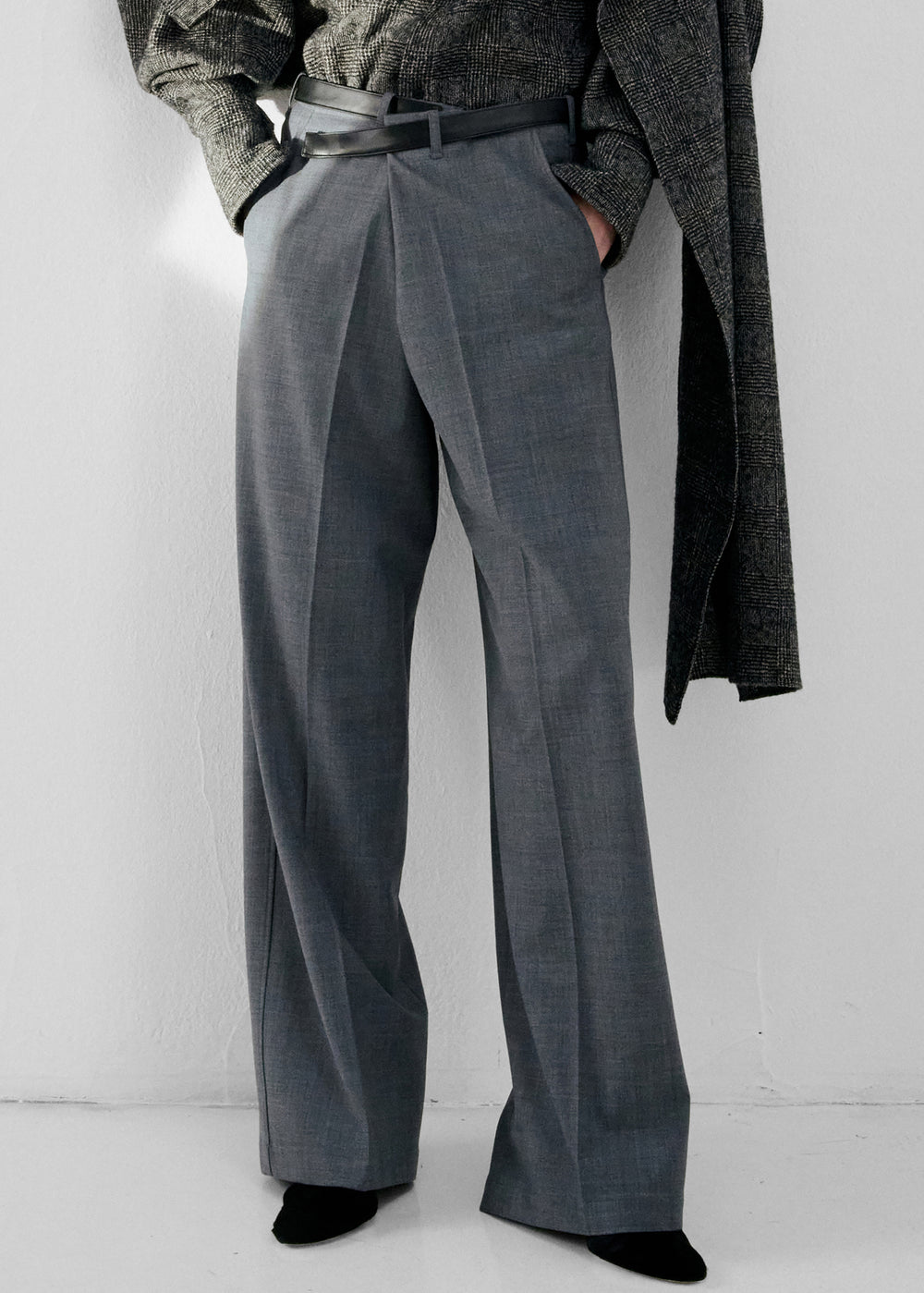 Darkpark Gaia Wide Leg Wool Pants With Leather Belt - Grey - 1