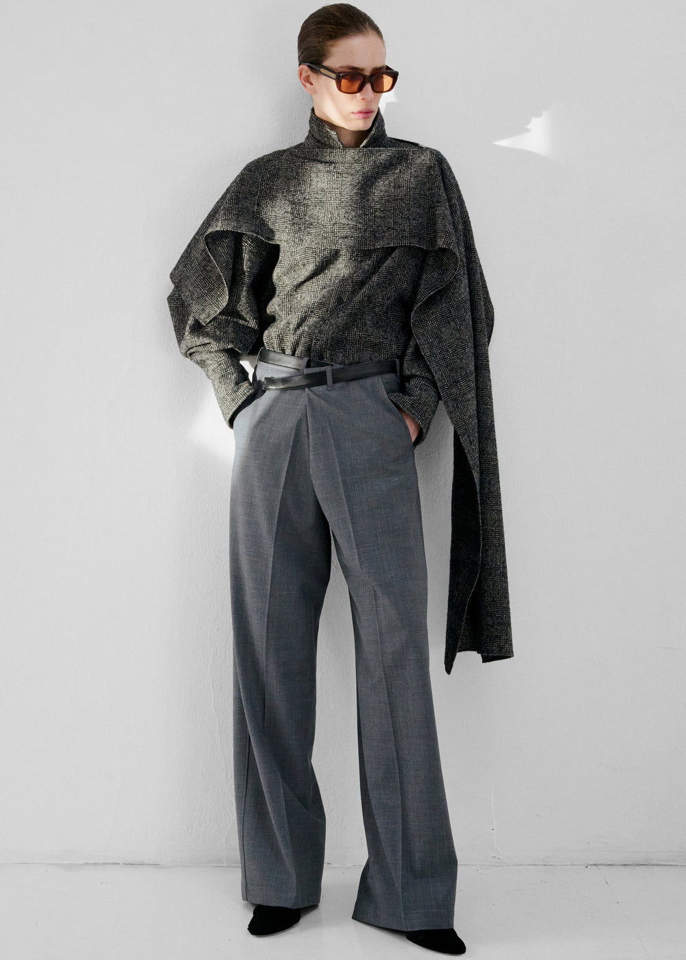 Darkpark Gaia Wide Leg Wool Pants With Leather Belt - Grey