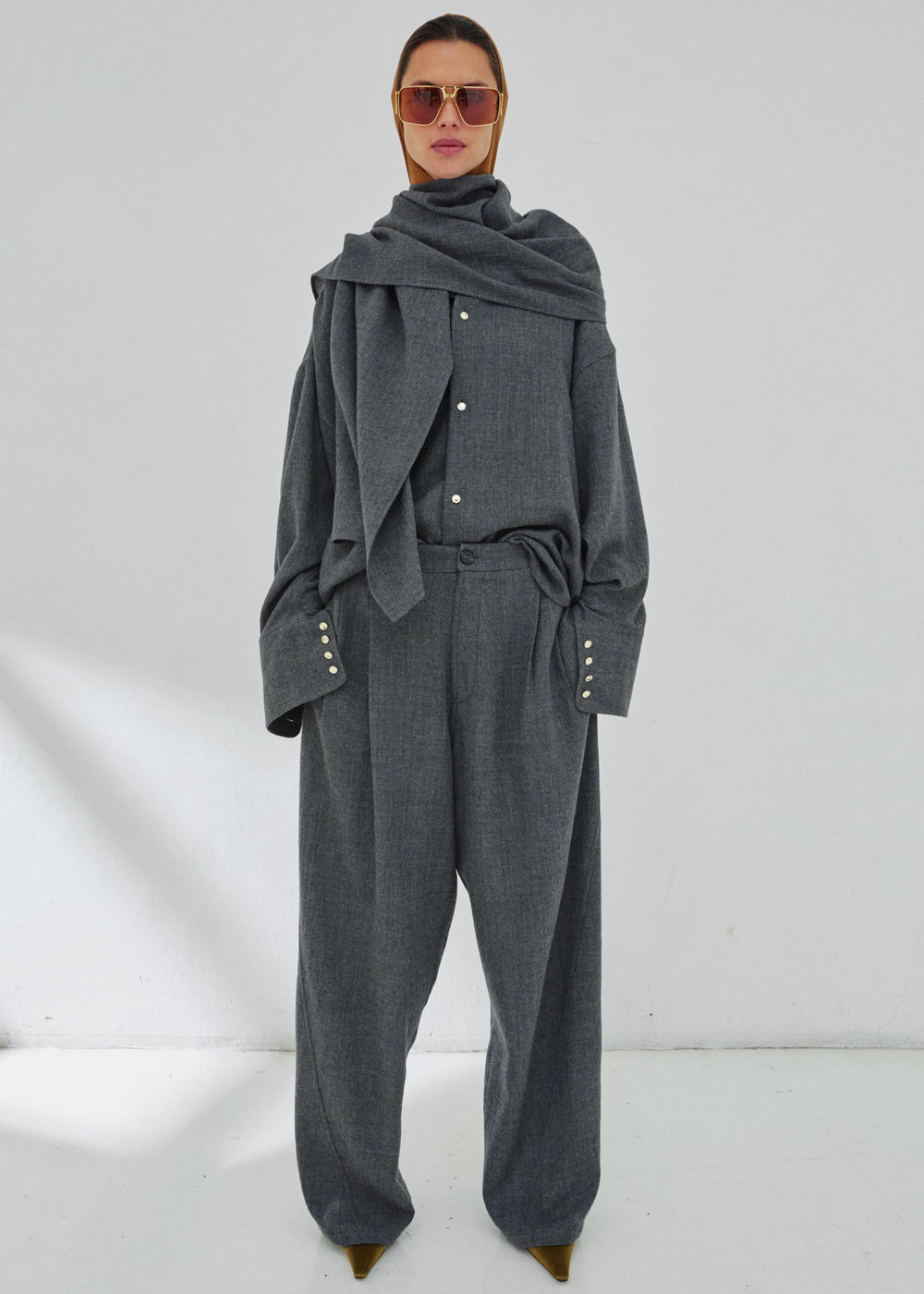 Darkpark Georgia Detachable Scarf Japanese Wool Shirt - Grey Melange