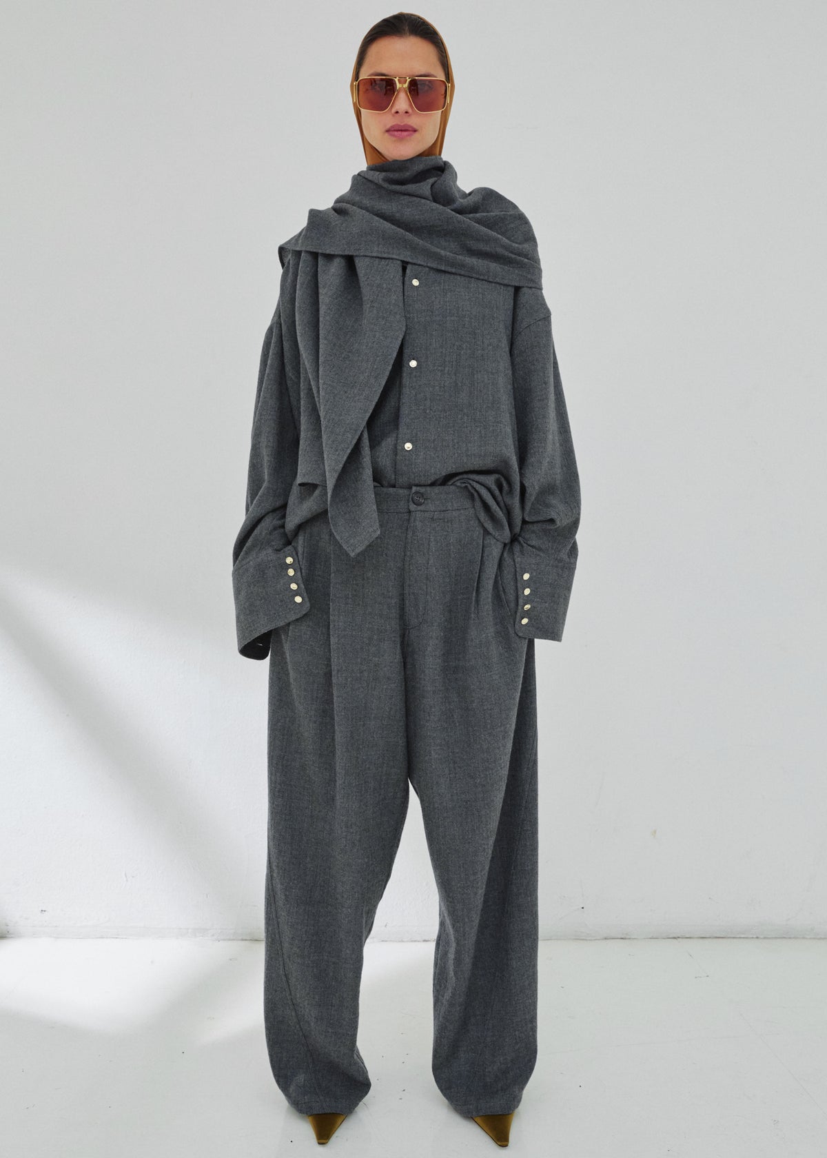 Darkpark Georgia Detachable Scarf Japanese Wool Shirt - Grey Melange - 1