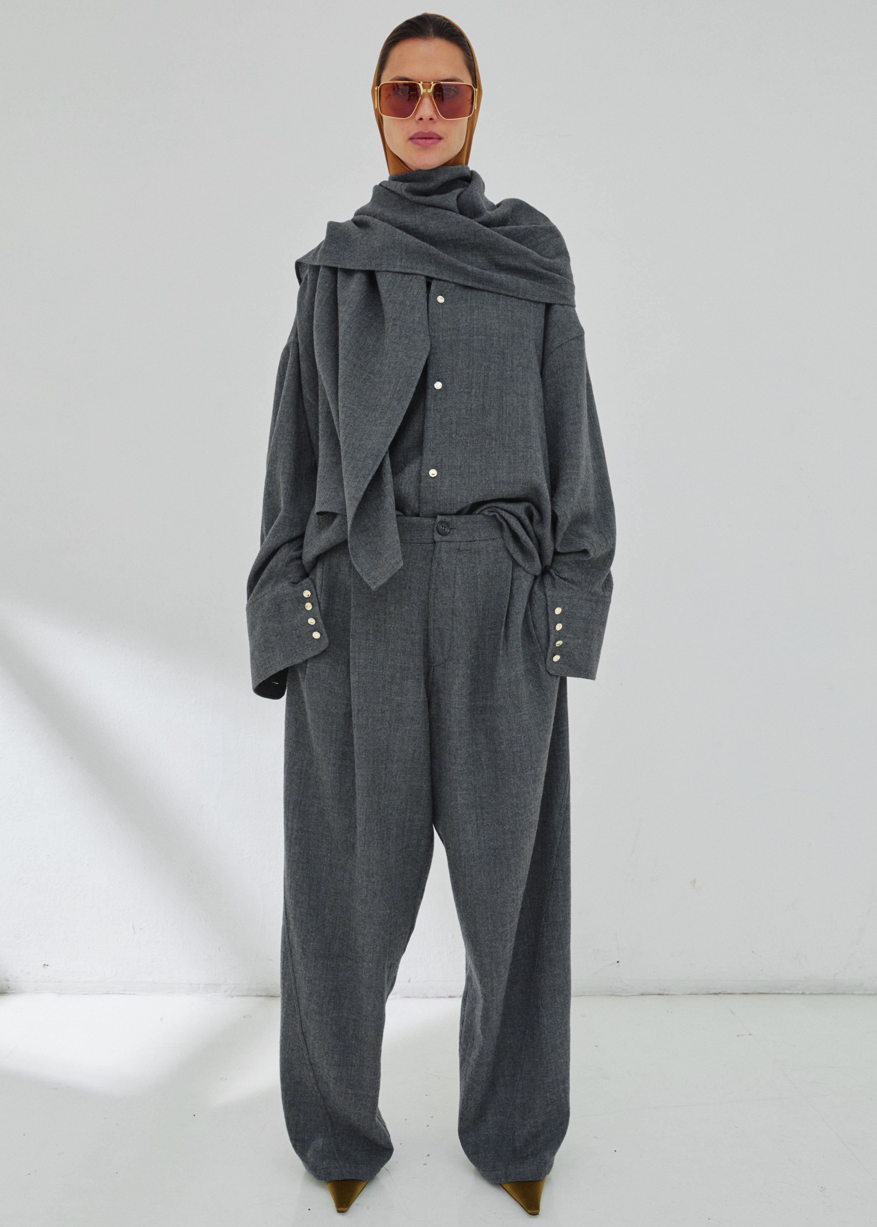 Darkpark Georgia Detachable Scarf Japanese Wool Shirt - Grey Melange - 1