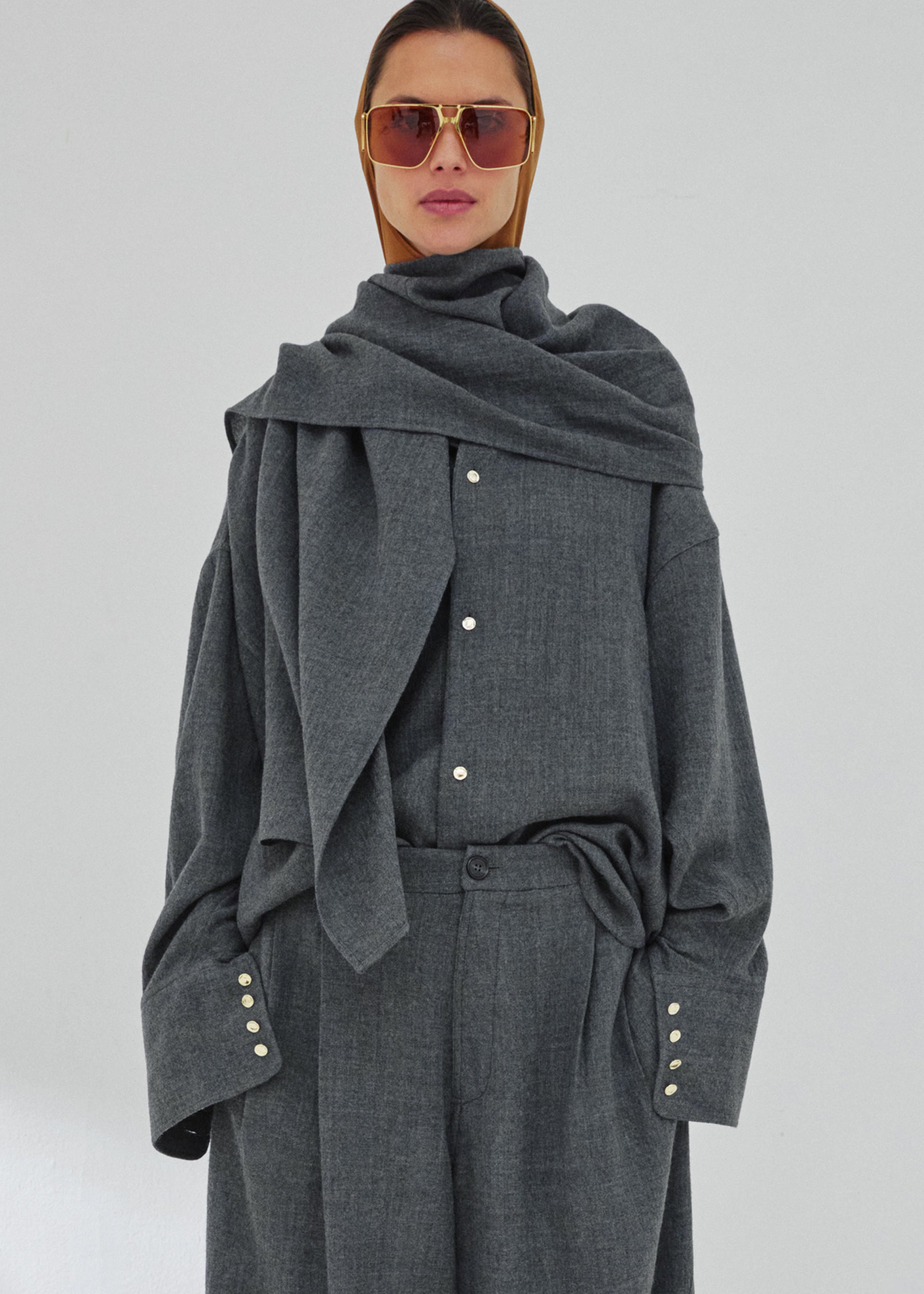 Darkpark Georgia Detachable Scarf Japanese Wool Shirt - Grey Melange - 4