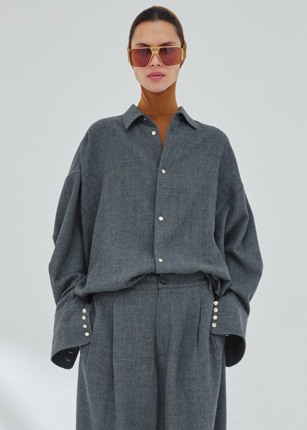 Darkpark Georgia Detachable Scarf Japanese Wool Shirt - Grey Melange - 1