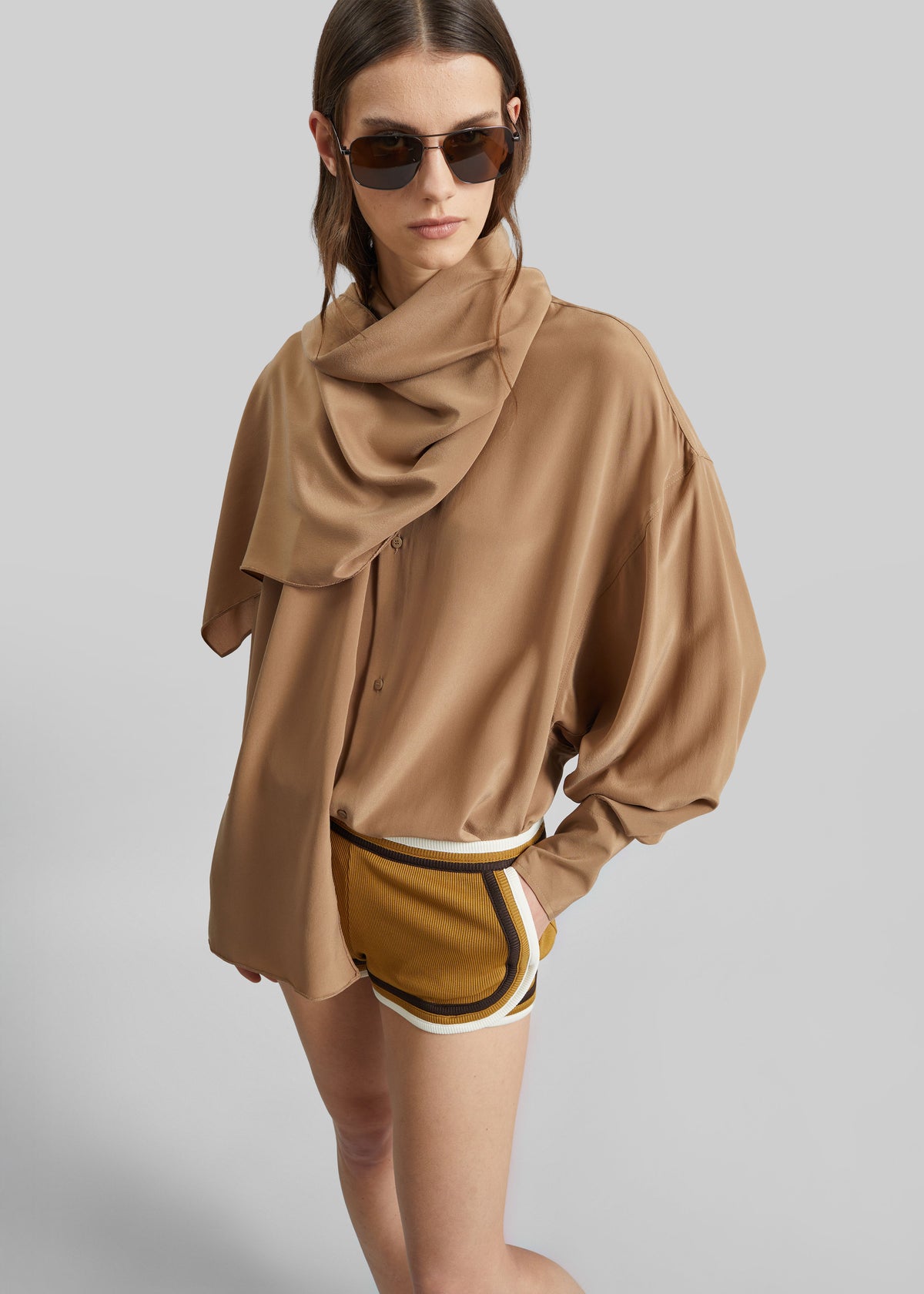 Darkpark Georgia Detachable Scarf Silk Shirt - Tobacco - 3