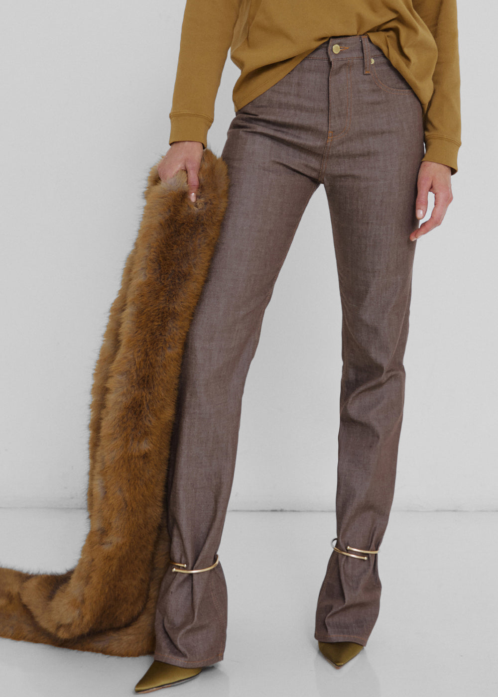 Darkpark Marion Cuff Adorned Straight Leg Fitted Denim - Brown - 1