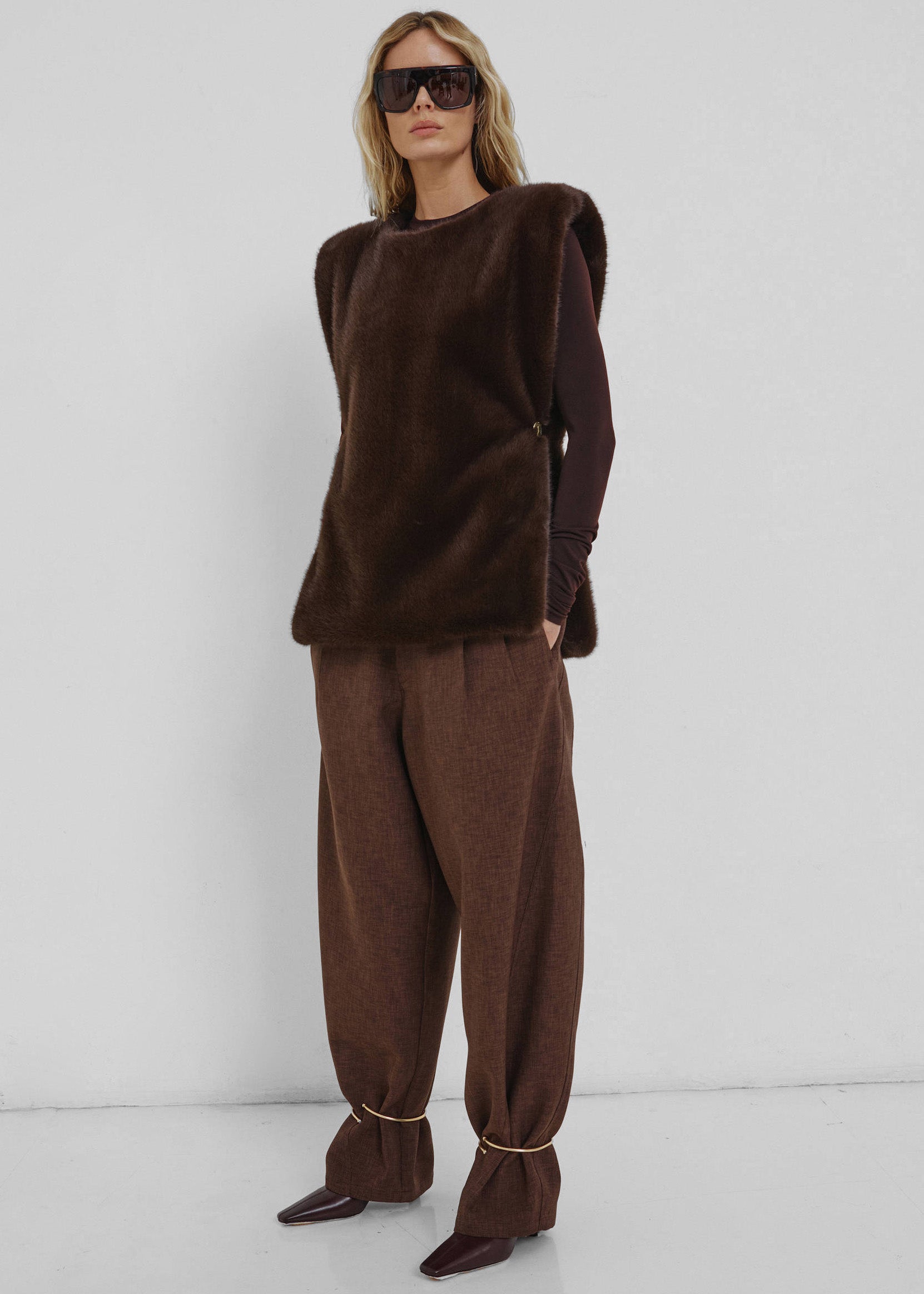 Darkpark Phebe Cuff Adorned Wide-Leg Comfort Suit Pants - Brown - 1