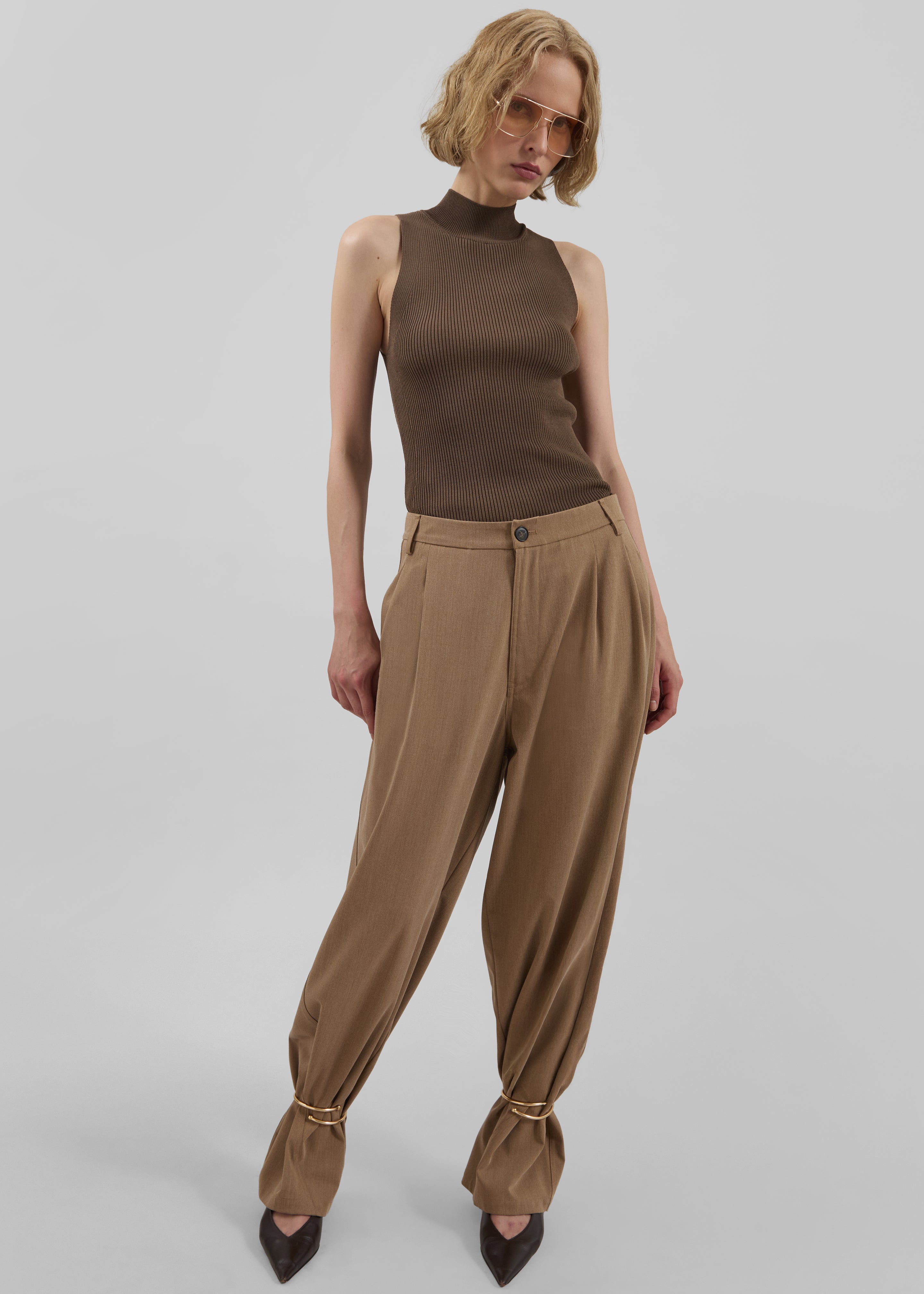 Darkpark Phebe Cuff Adorned Wide-Leg Wool Pants - Beige - 6