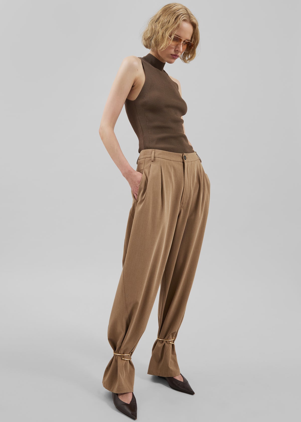 Darkpark Phebe Cuff Adorned Wide-Leg Wool Pants - Beige - 2