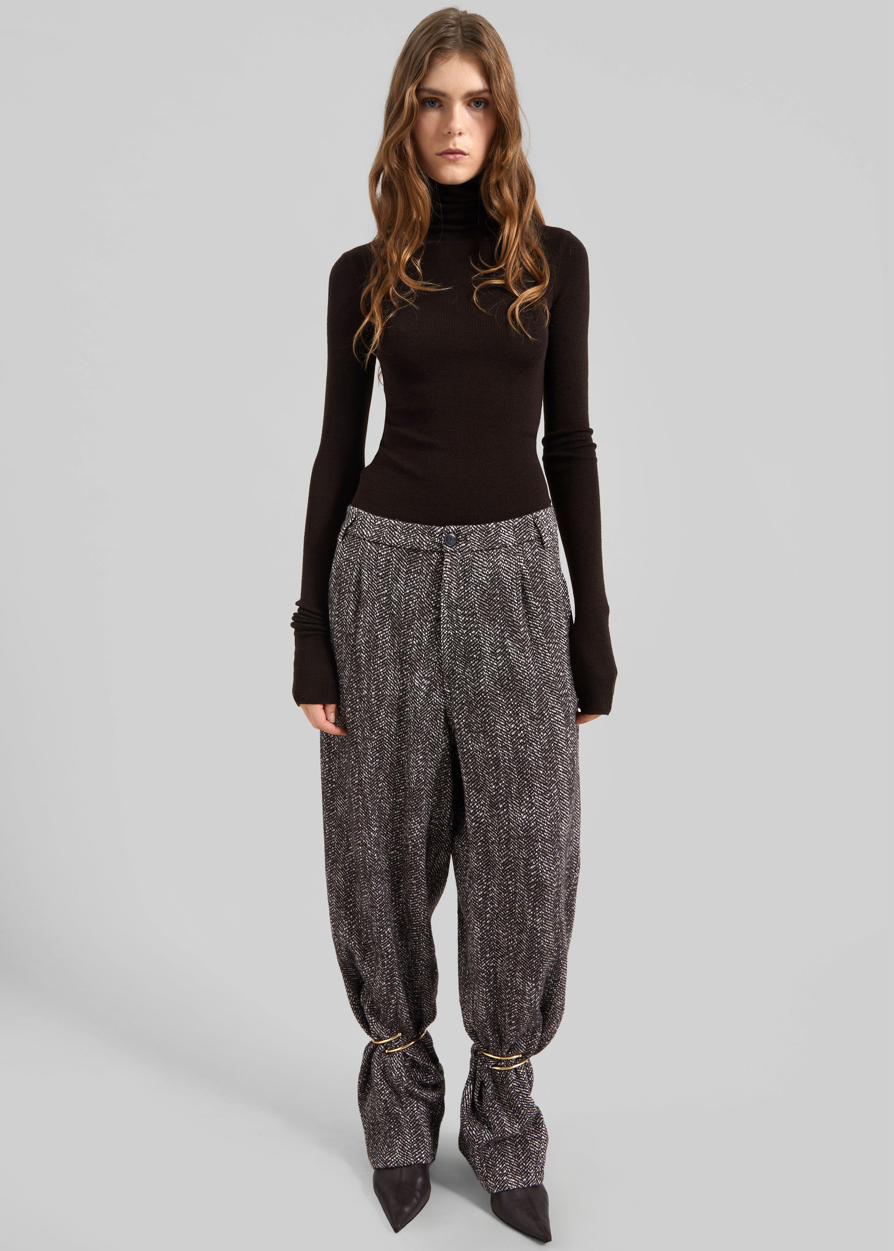 Darkpark Phebe Cuff Adorned Wide-Leg Herringbone Wool Pants - Brown/Black/White - 4