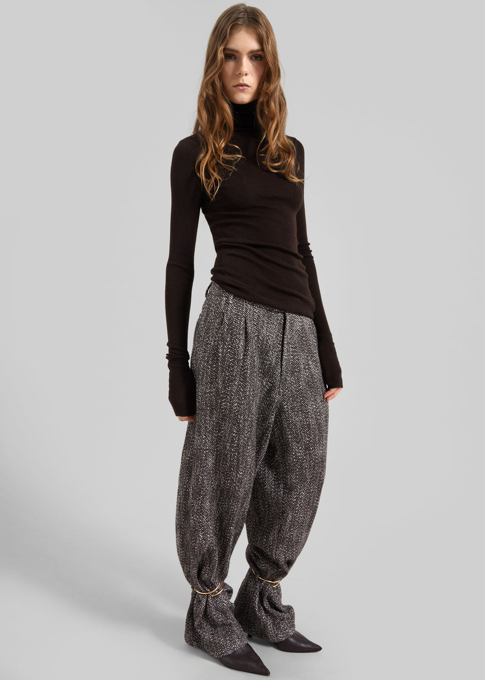 Darkpark Phebe Cuff Adorned Wide-Leg Herringbone Wool Pants - Brown/Black/White