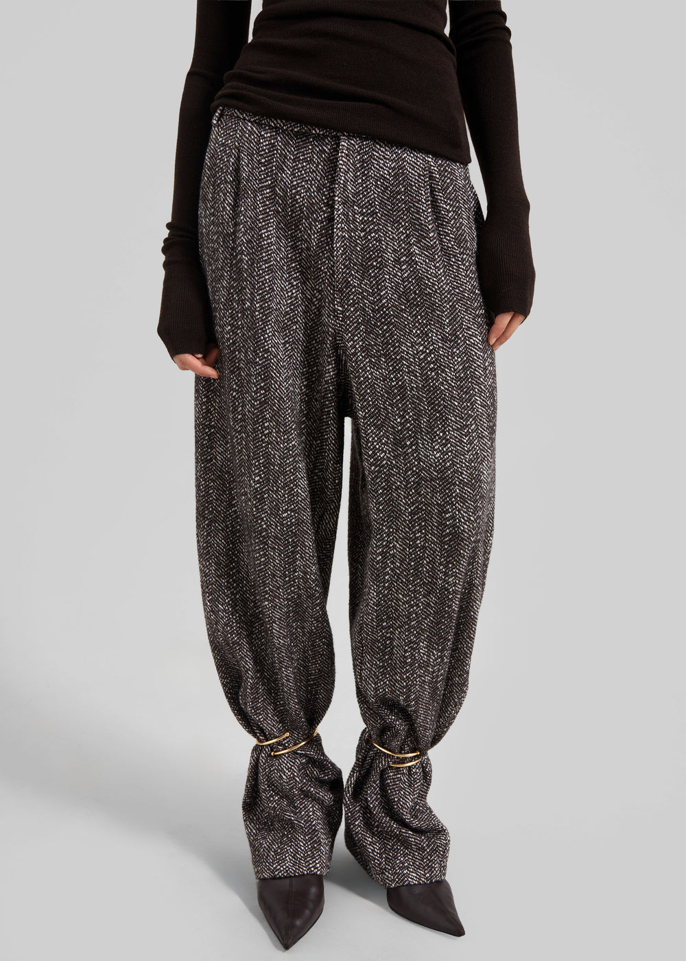 Darkpark Phebe Cuff Adorned Wide-Leg Herringbone Wool Pants - Brown/Black/White - 1