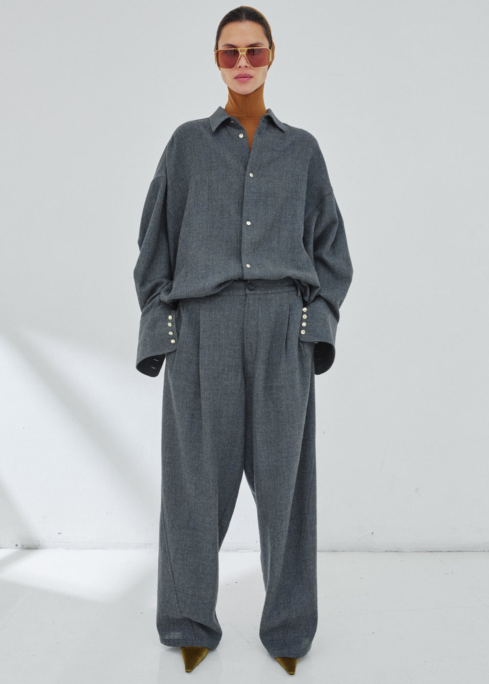 Darkpark Phebe Wide-Leg Japanese Light Wool Pants - Grey Melange - 1