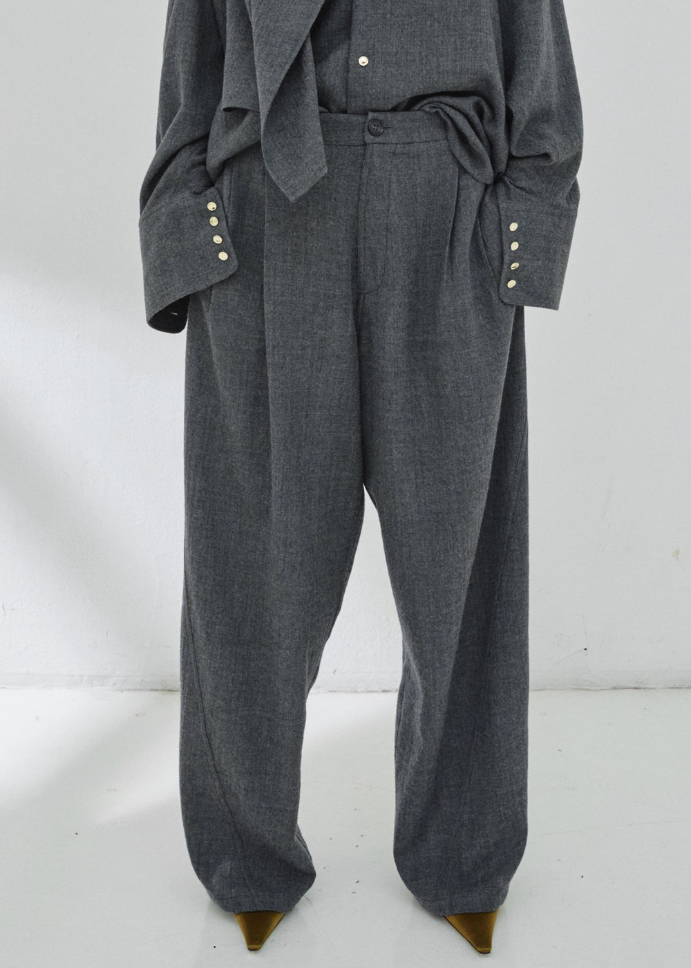 Darkpark Phebe Wide-Leg Japanese Light Wool Pants - Grey Melange