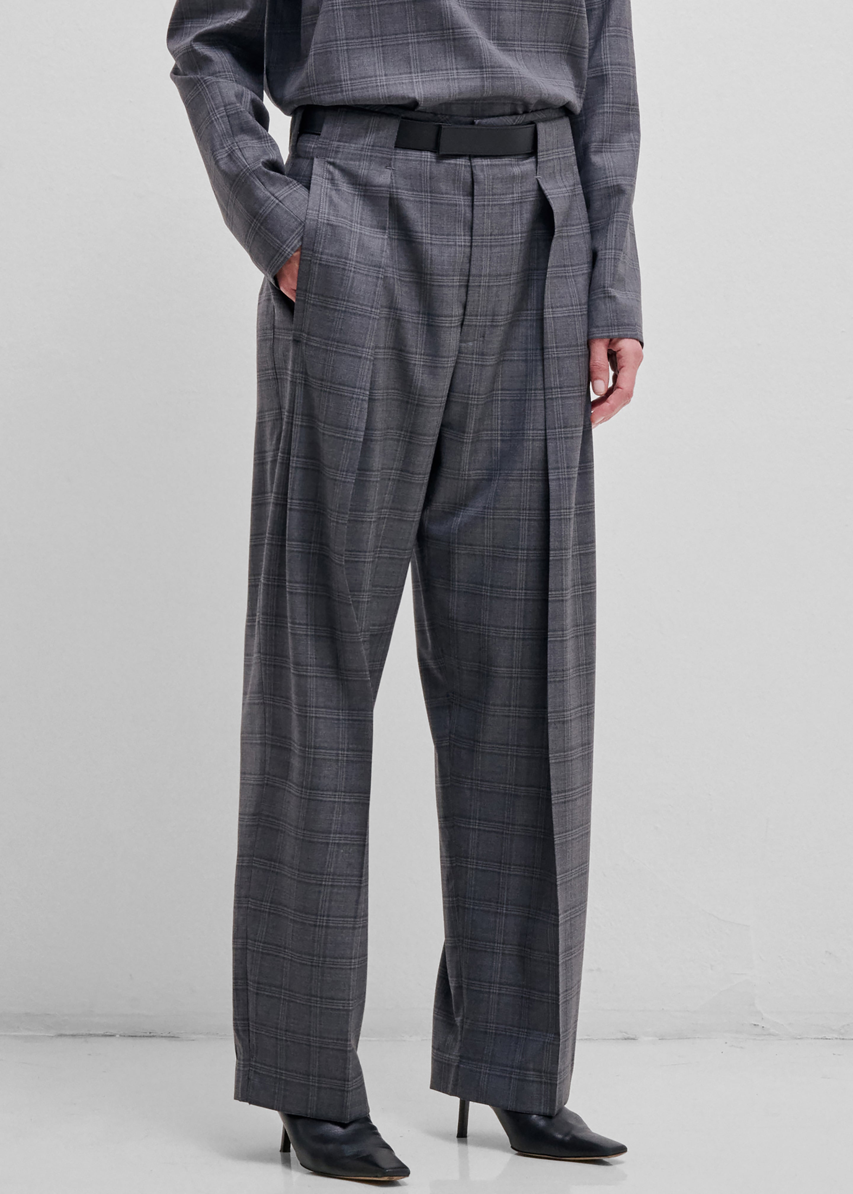 Darkpark Ronda Leather Belt Wool Trousers - Dark Grey - 2