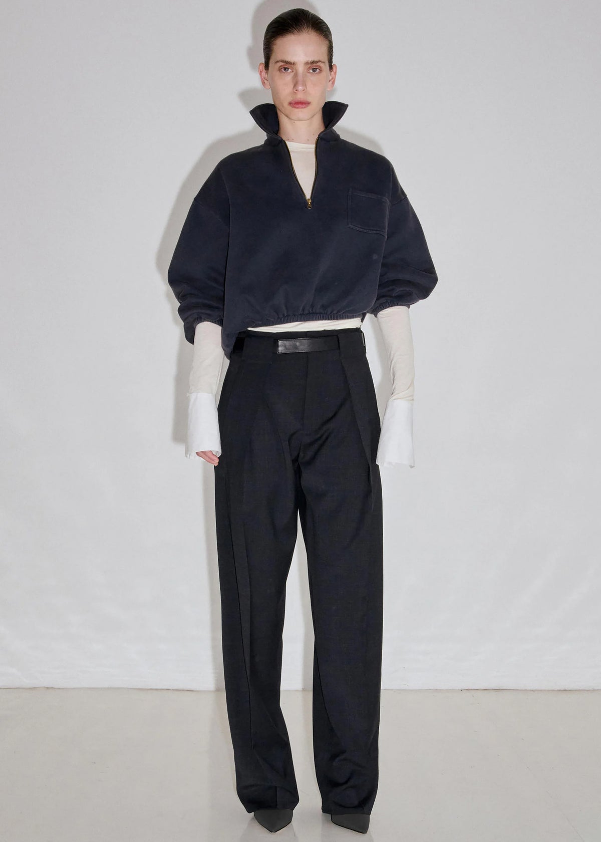 Darkpark Ronda Leather Belt Wool Trousers - Dark Grey