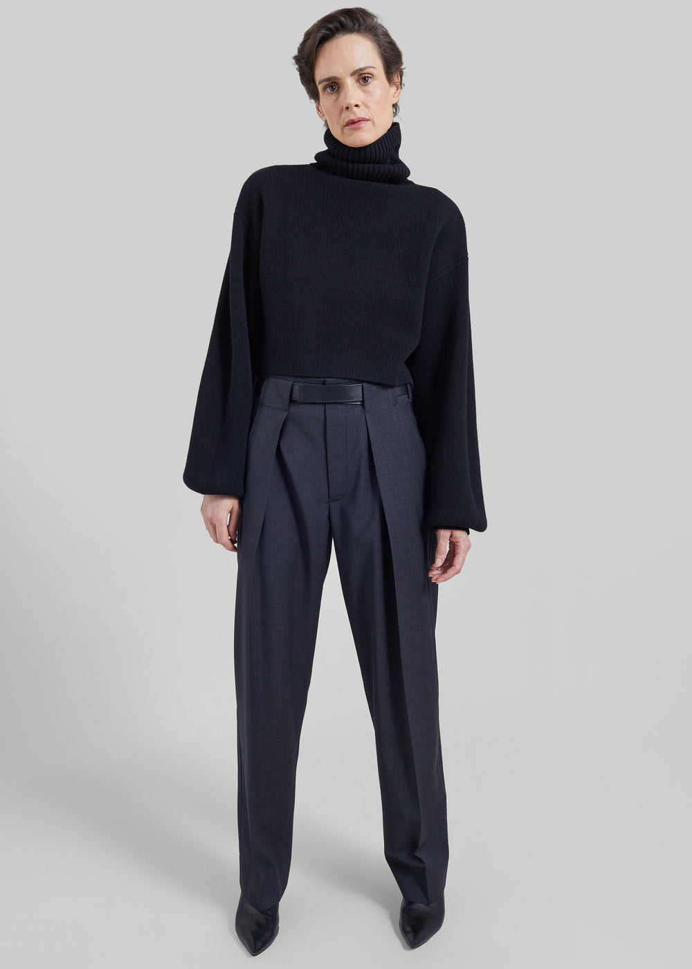Darkpark Ronda Leather Belt Wool Trousers - Dark Grey