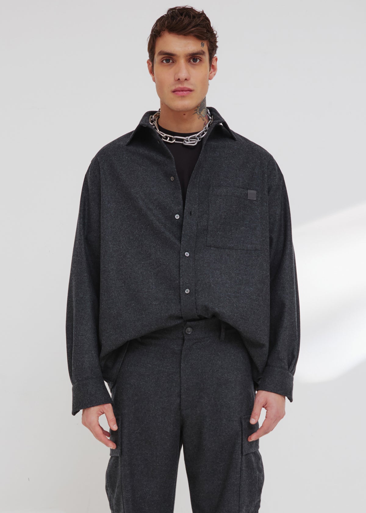 Darkpark Serge - Wool Long Sleeved Shirt - Dark Grey Melange - 1