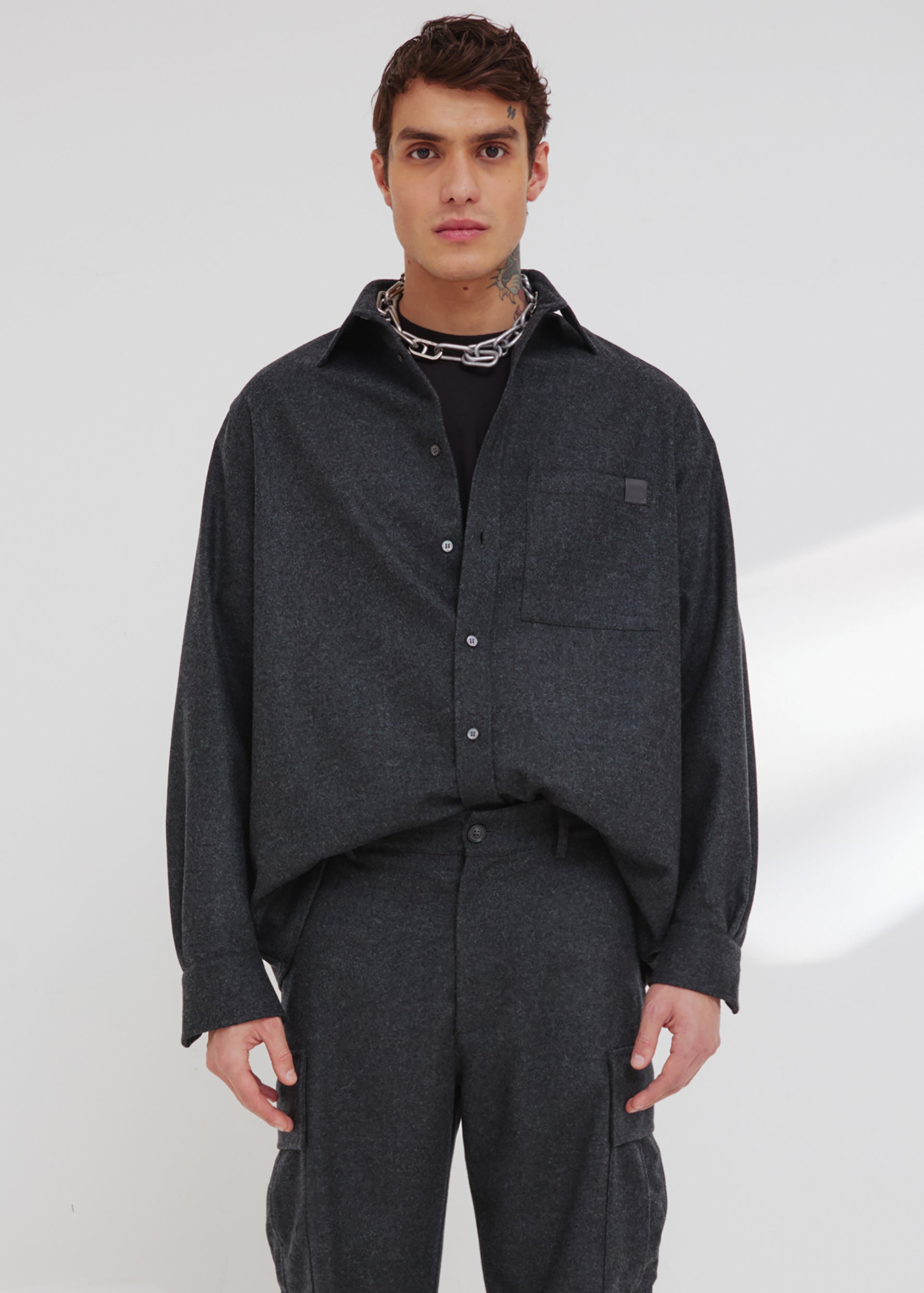Darkpark Serge - Wool Long Sleeved Shirt - Dark Grey Melange - 1