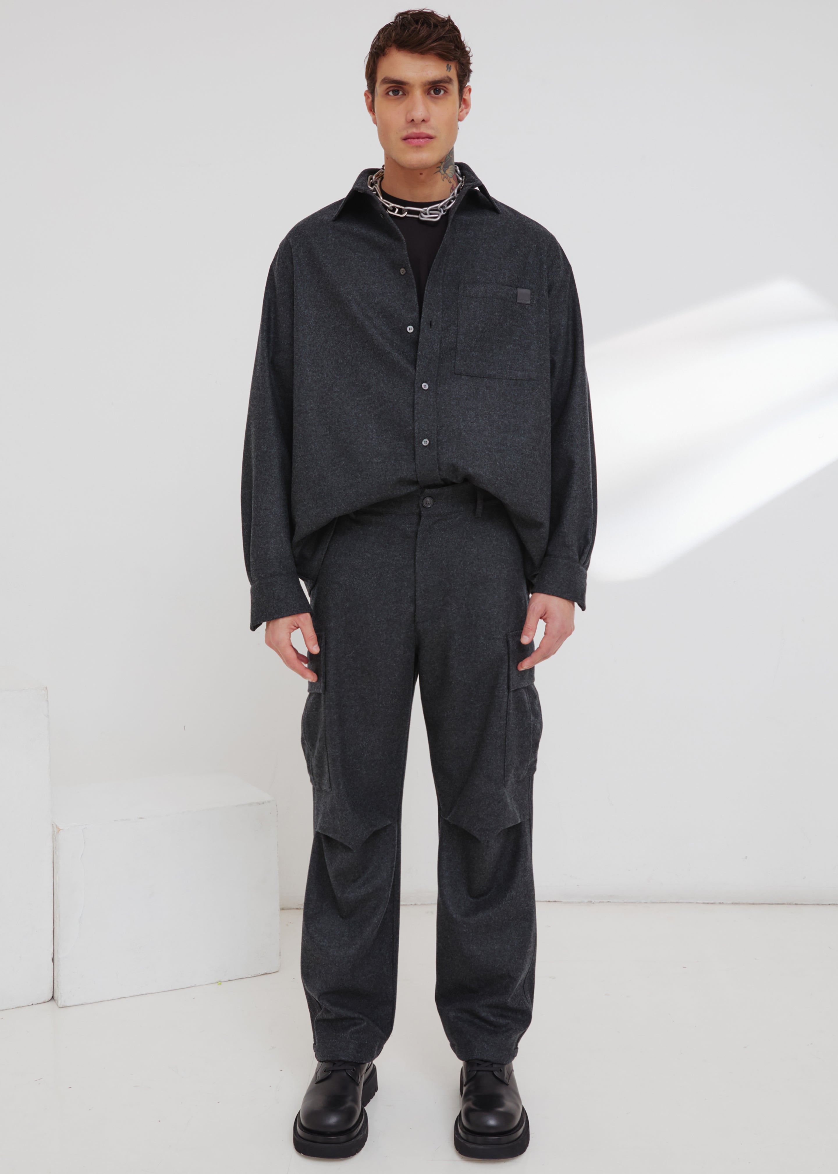 Darkpark Serge - Wool Long Sleeved Shirt - Dark Grey Melange - 2