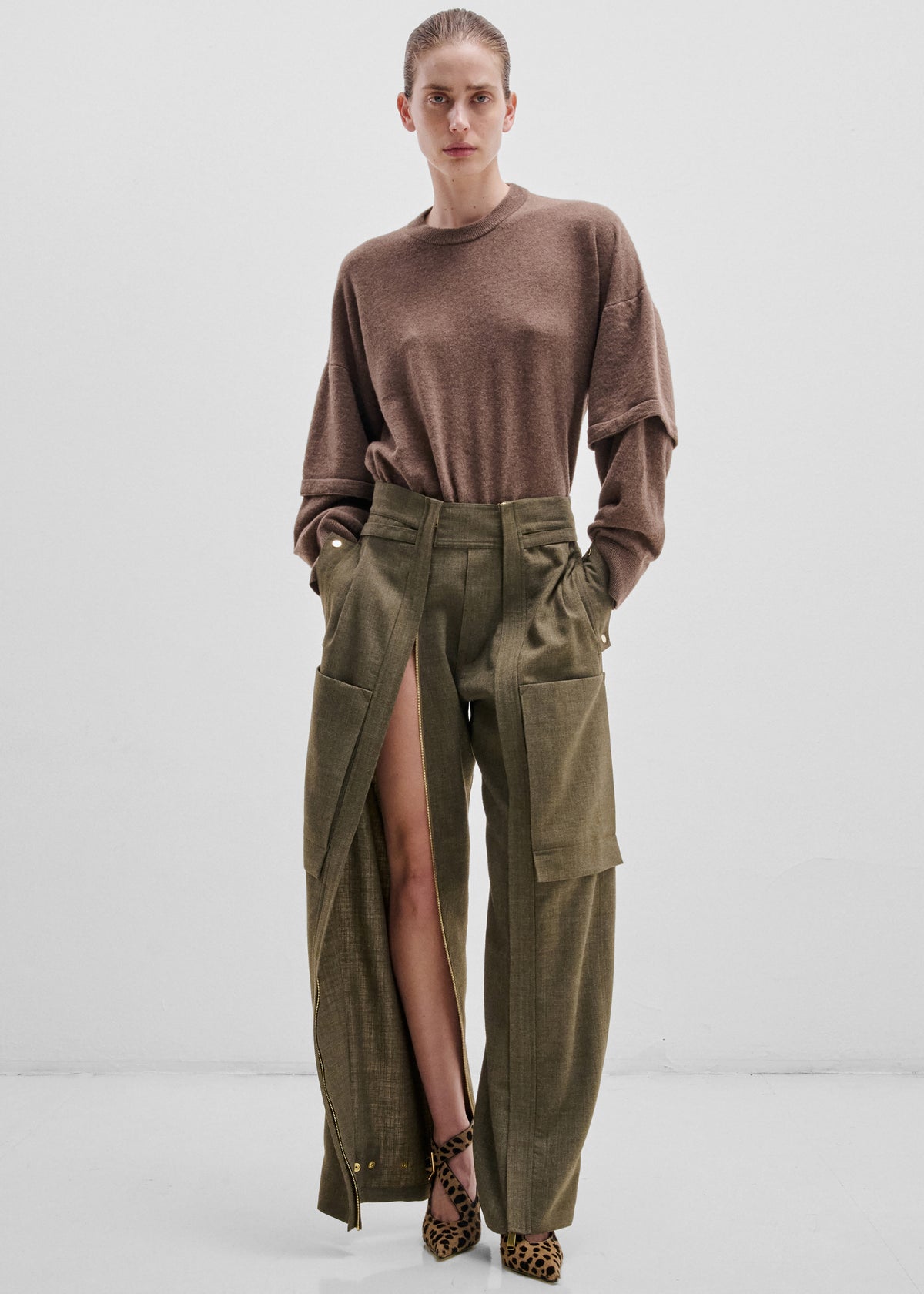 Darkpark Troy Cashmere Wool Double Sleeve Tee - Brown - 1