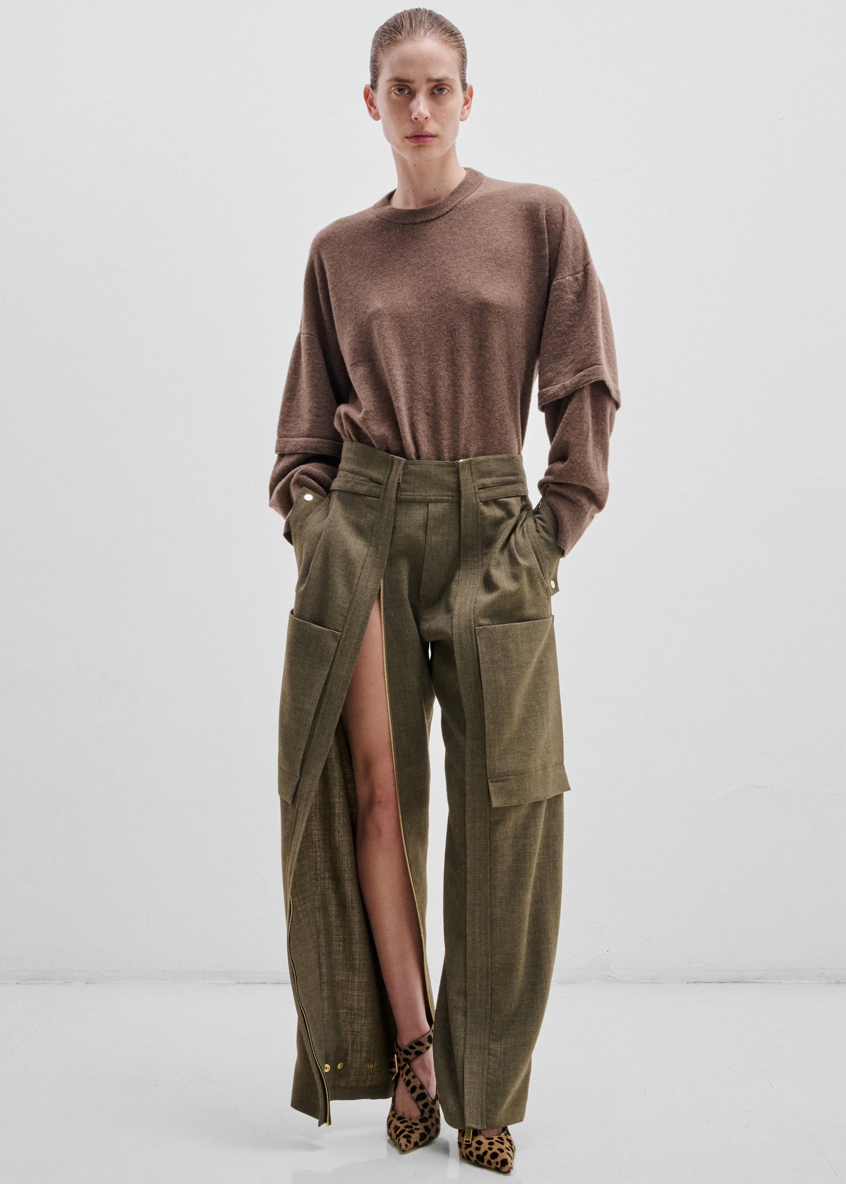 Darkpark Troy Cashmere Wool Double Sleeve Tee - Brown - 1