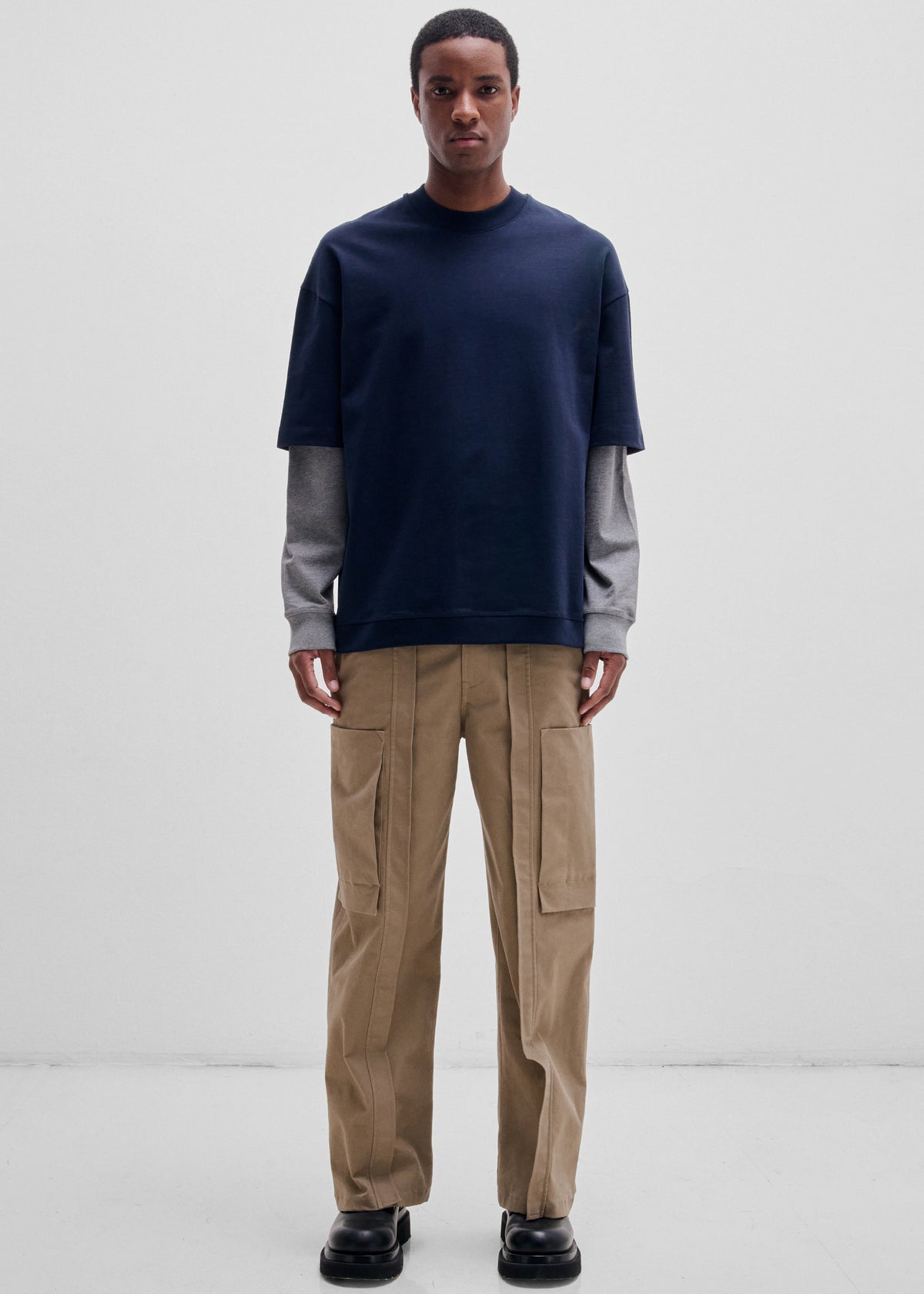 Darkpark Troy Double Colour Sleeve Tee - Dark Blue/Grey Melange